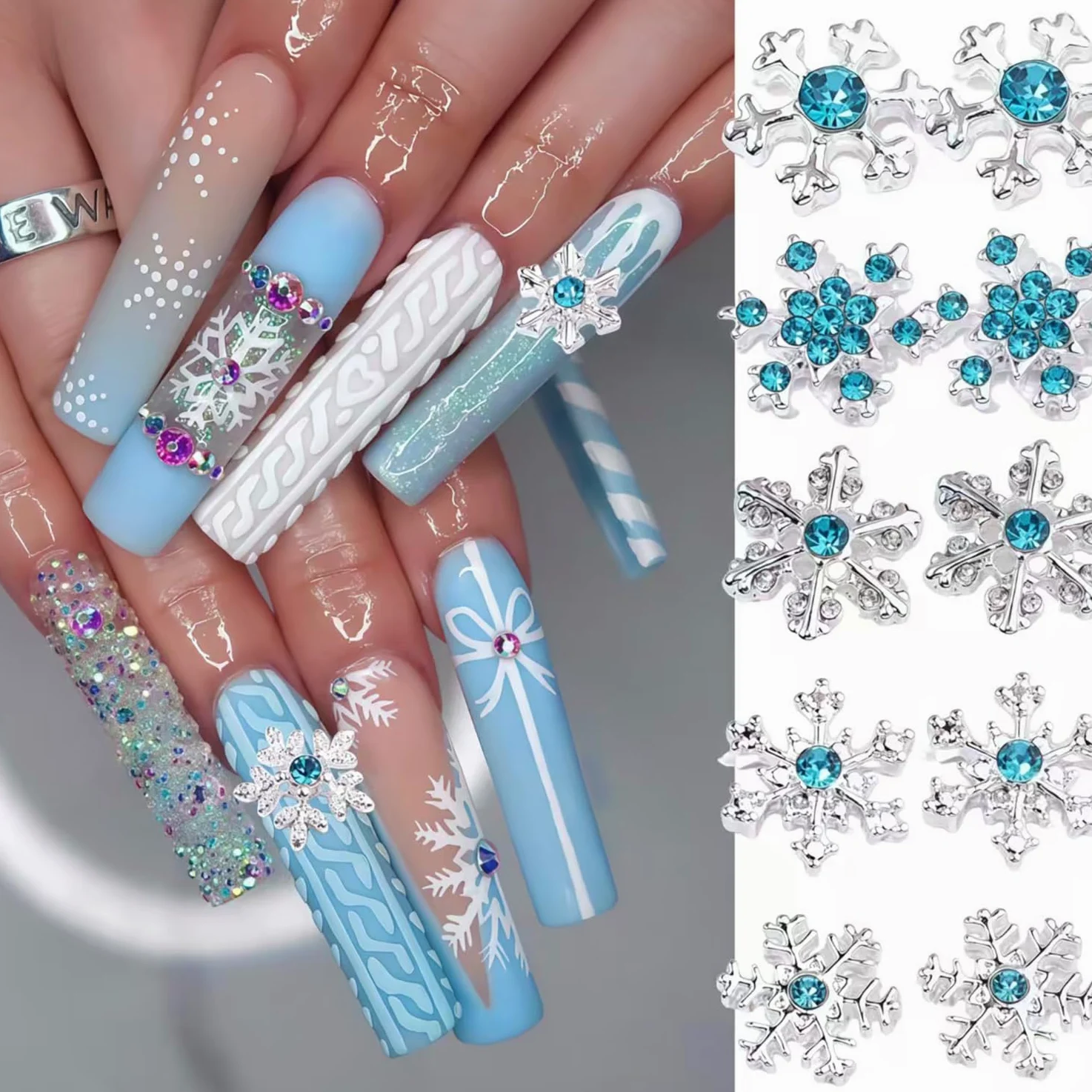 20 ciondoli per unghie a forma di fiocco di neve, argento lucido, blu, inverno, Natale, fiocco di neve, strass, design fiocchi di neve, ciondoli per unghie acriliche, unghie di Natale, gioielli per