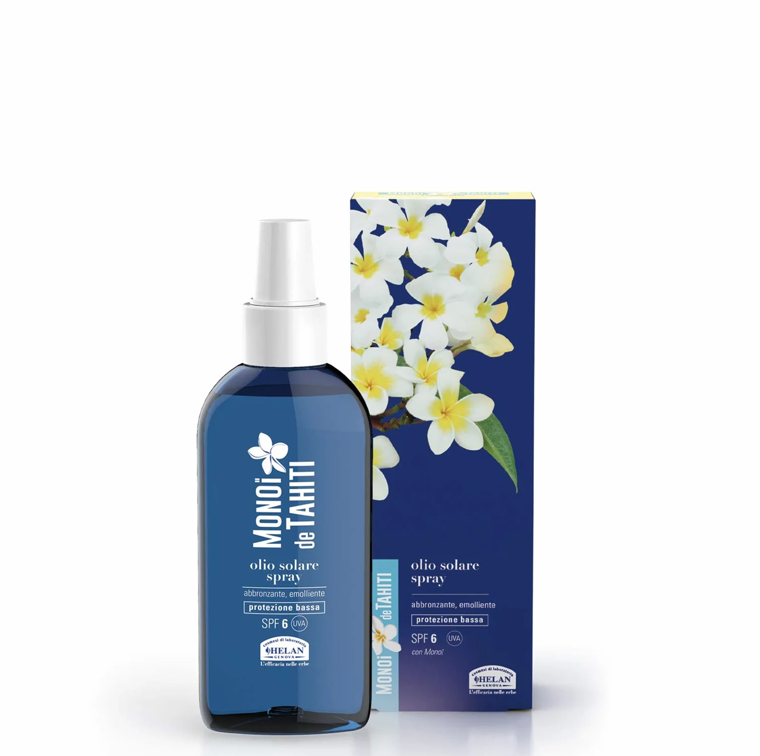 Helan, Monoi de Tahiti - Olio Abbronzante Corpo con Protezione Solare 6 SPF Bassa Profumato e Idratante, Olio Solare Spray Emolliente Esalta e Fissa Abbronzatura contro Scottature e Secchezza, 150 ml