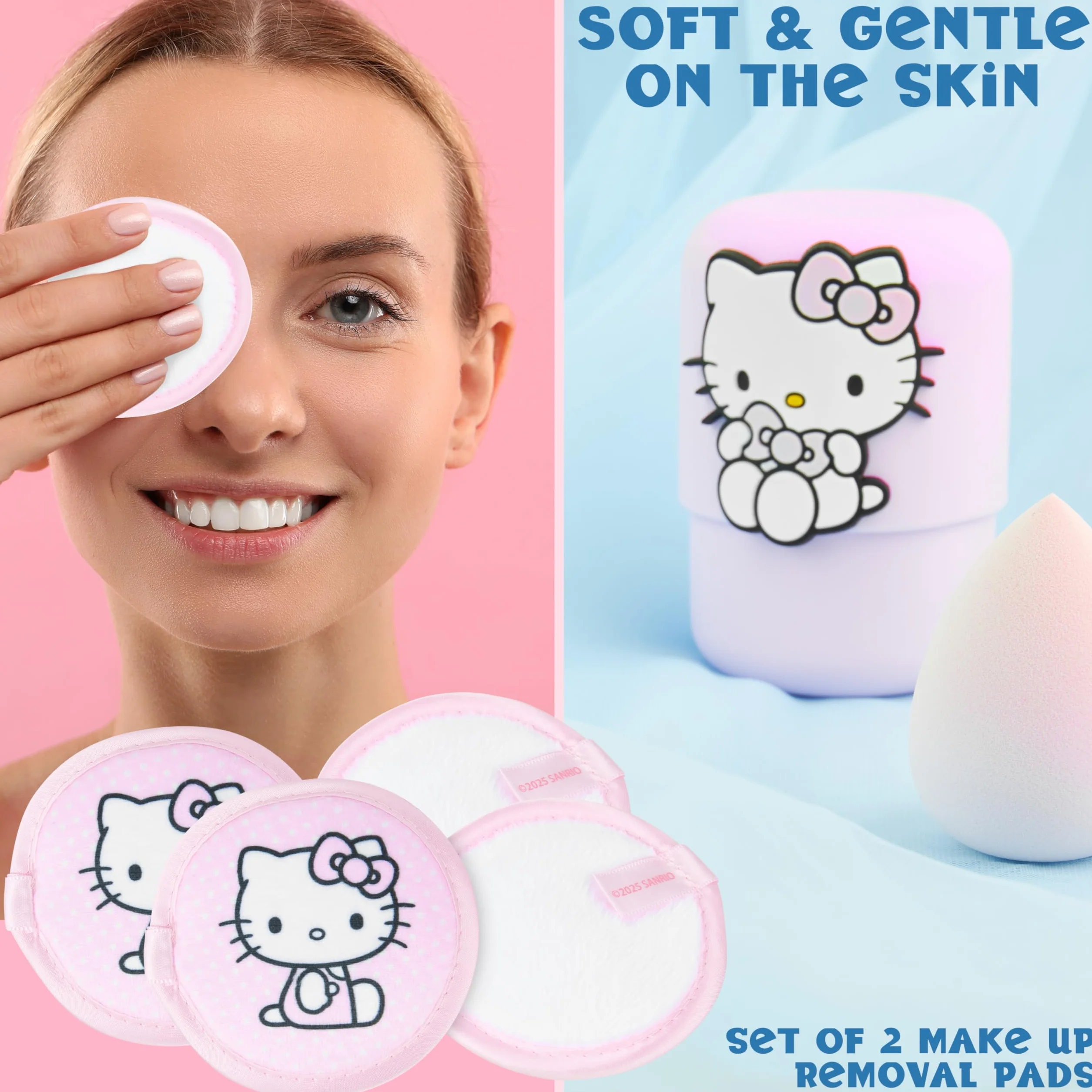 Hello Kitty Sanrio Set Beauty Ragazza, Mini Spazzola Capelli con Specchio, Spugnetta Trucco, Lavabile Dischetti Struccanti, Regali per Lei