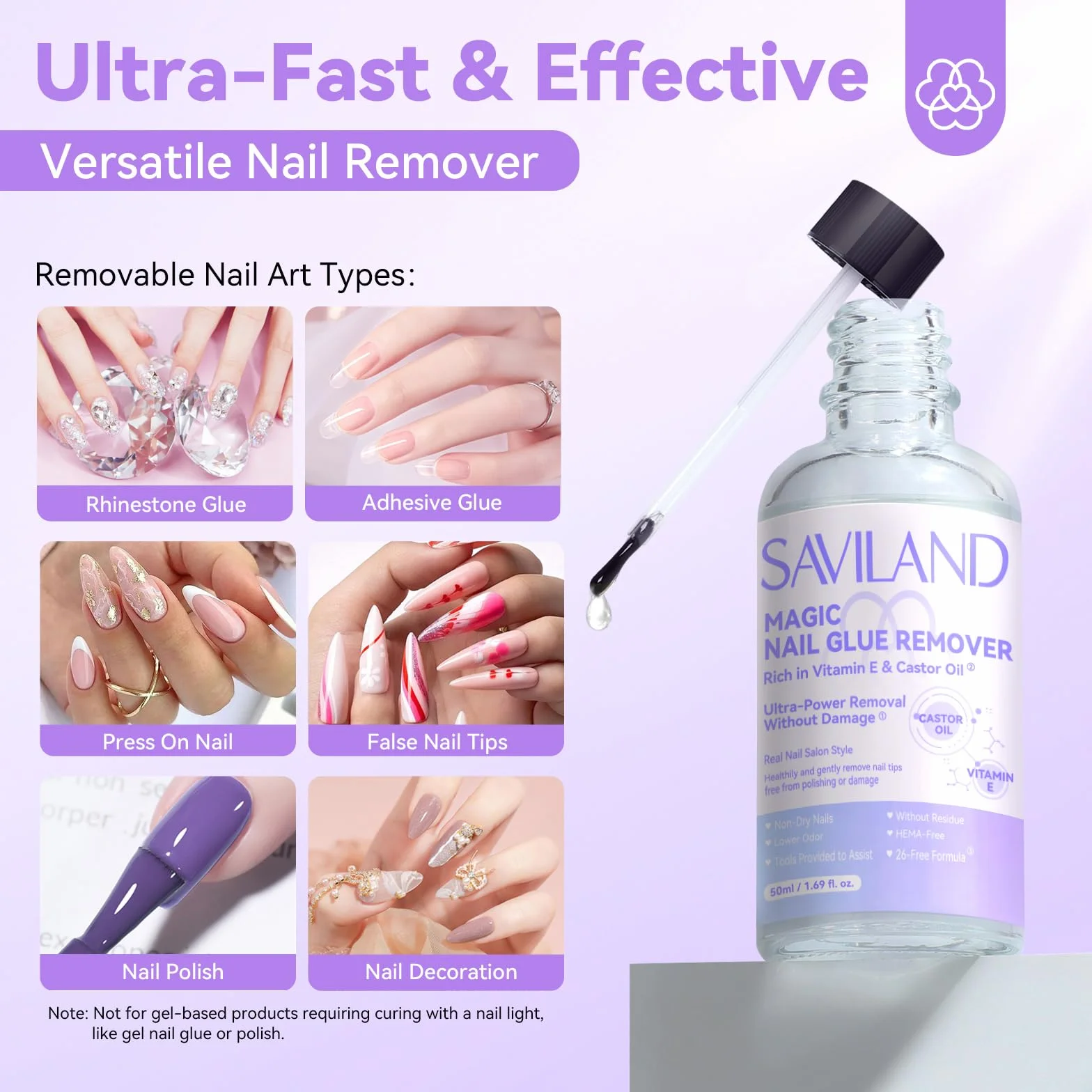 Saviland 50ml Rimuovi Colla per Unghie Finte: Capacità Elevata di Rimozione Felle Unghie False per Le punte Delle Unghie Finte di Ricino Vitamina E Colla per Unghie con Forcella Spingitrice Cuticola