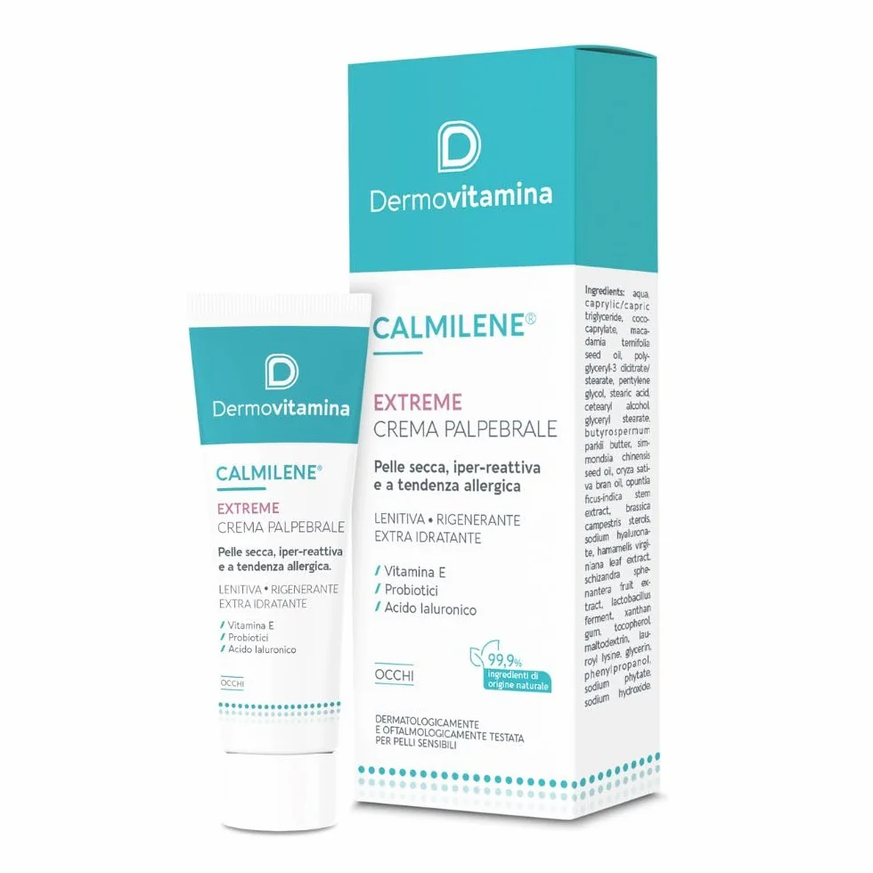 Dermovitamina Calmilene Extreme Crema Palpebrale - Contorno Occhi Pelle Secca e Reattiva - Crema Contorno Occhi Idratante - Con Vitamina E, Probiotici e Acido Ialuronico - Rapido Assorbimento - 15ml