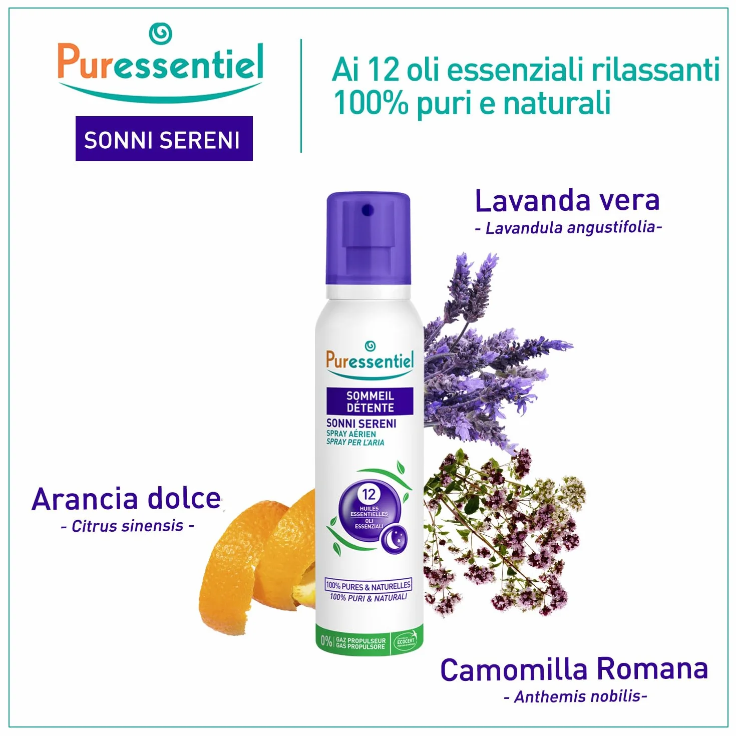 Puressentiel Sonni Sereni Spray per l’aria 200 ml 12 Oli essenziali lenitivi rilassanti