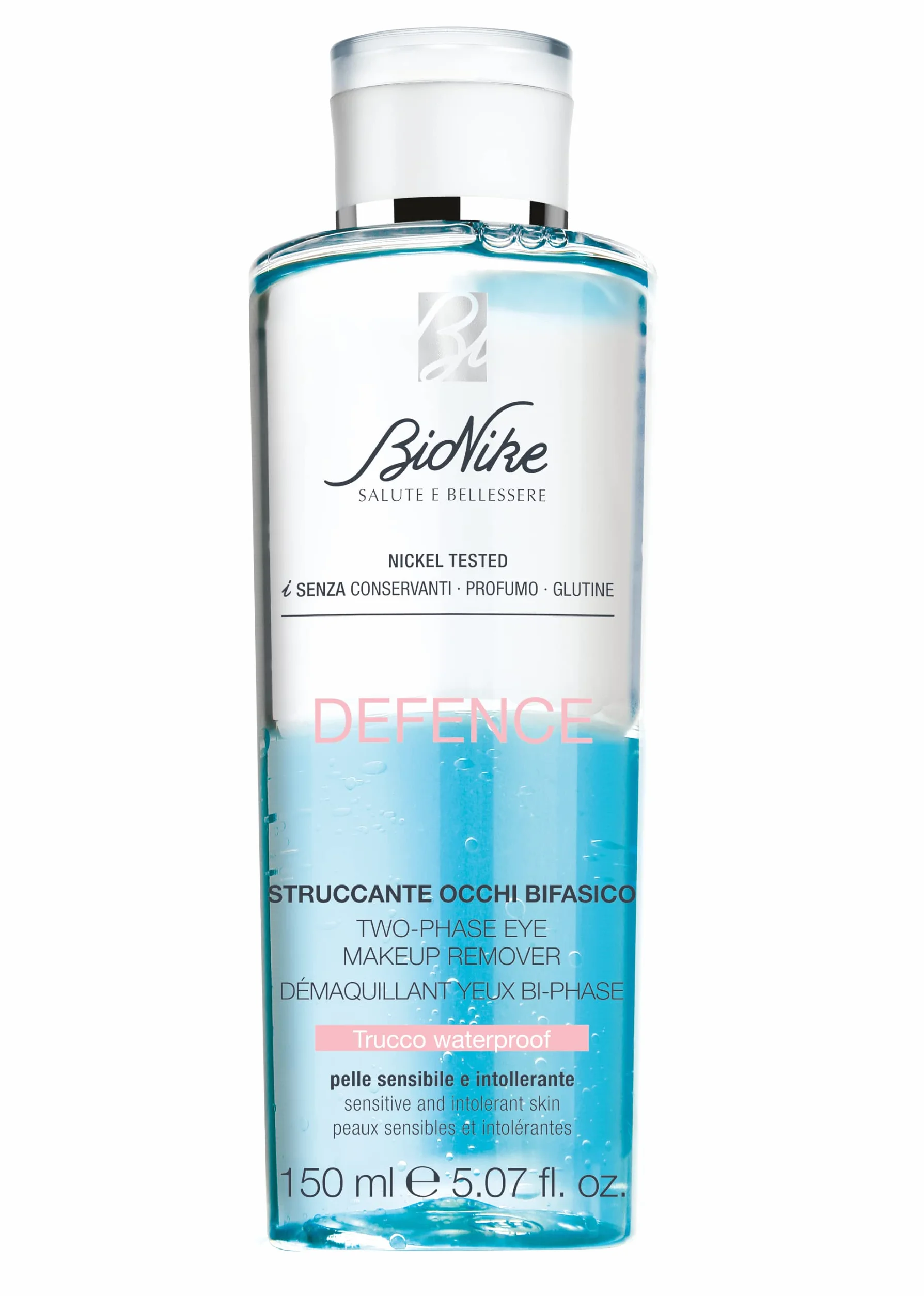 Bionike Defence - Struccante Occhi Bifasico per Pelli Sensibili e Intolleranti, Ideale anche il Trucco Waterproof, Dona una Detersione Profonda e Idratazione, 150 ml