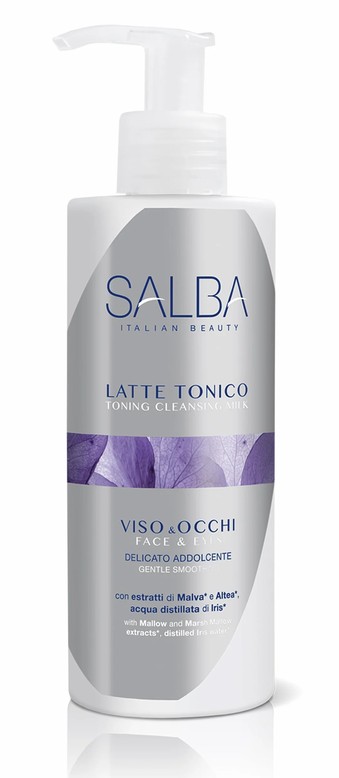 SALBA Latte Tonico Viso & Occhi Detergente Struccante Delicato Addolcente, Texture Soffice e Cremosa, con Estratti di Malva e Altea, Acqua Distillata di Iris, per Tutti i Tipi di Pelle, 200 ml