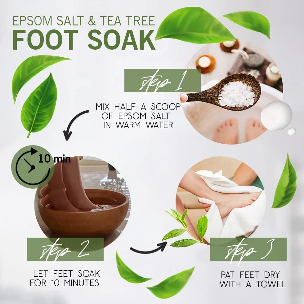 Sali da Pediluvio, Riparazione Unghie Danneggiate, Sale Epsom e Oli Essenziali, Magnesio per Bagno, Piedi, Mani, Pediluvio 500 g, Pedicure, Deodorante per Piedi, Calli