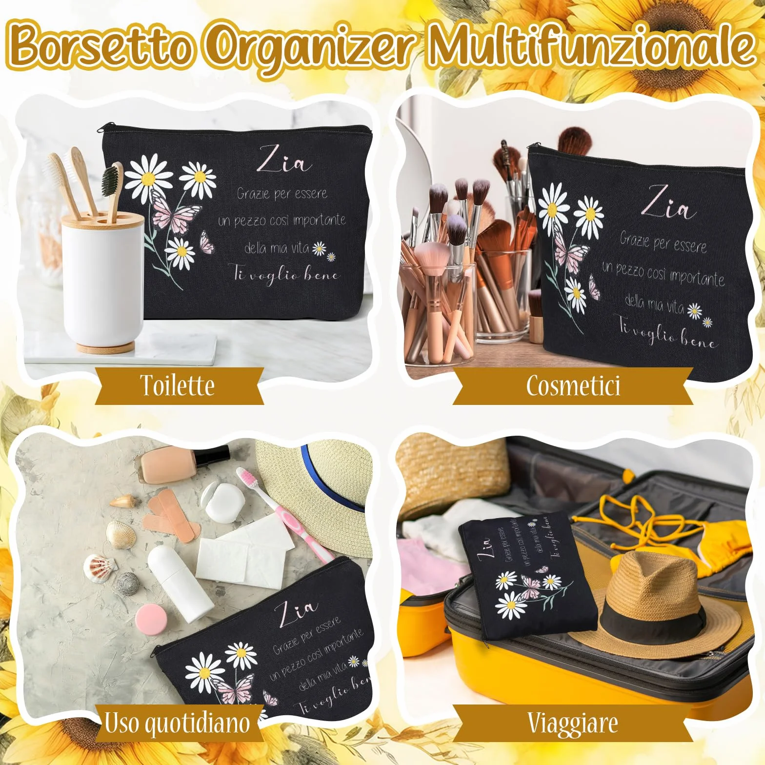 2 Pezzi Regalo per Zia Pochette Portatrucchi Portachiavi Ciondolo per Zia Compleanno Trousse per Cosmetici Borsa da Trucchi Floreale Regalini da Nipote per Donna Festa Natale(Nero)