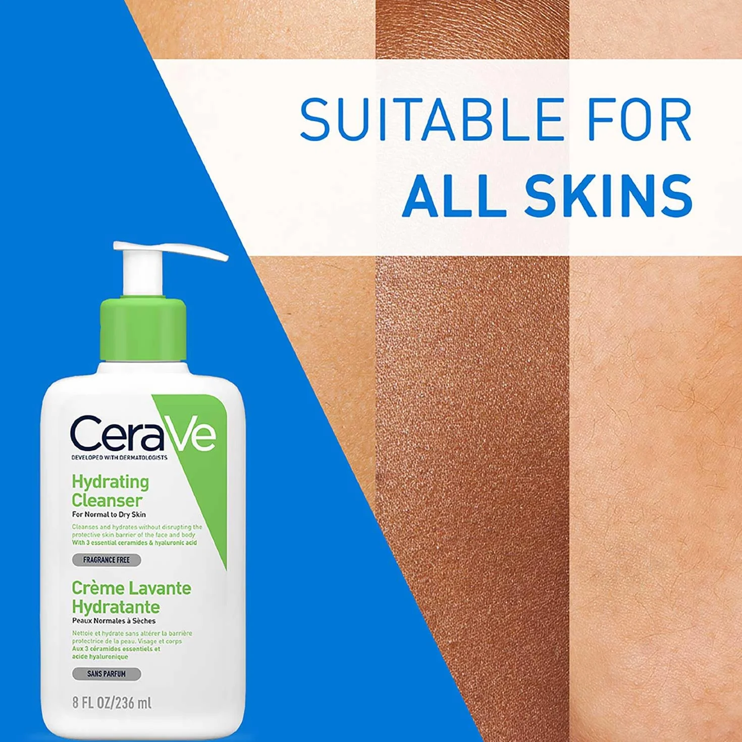 CeraVe lozione detergente idratante per pelli da normali a secche, pulizia delicata per il corpo e il viso, con 3 ceramidi essenziali e ialurone 236 m