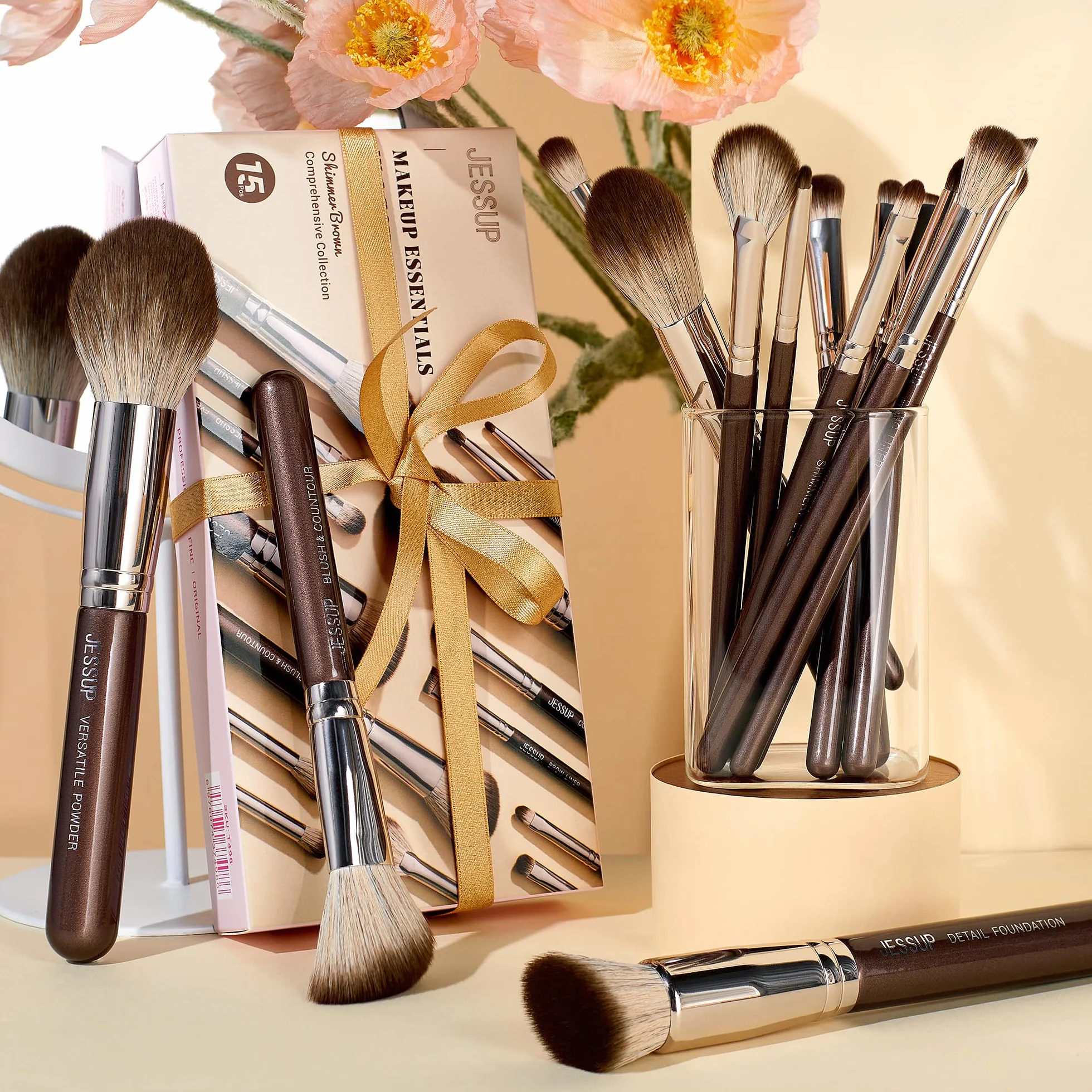 Jessup Pennelli trucco Pennelli Make Up 15Pz Set di pennelli trucco professionale Fondotinta polvere Definizione Sfumatura Linea Shimmer Brown T498
