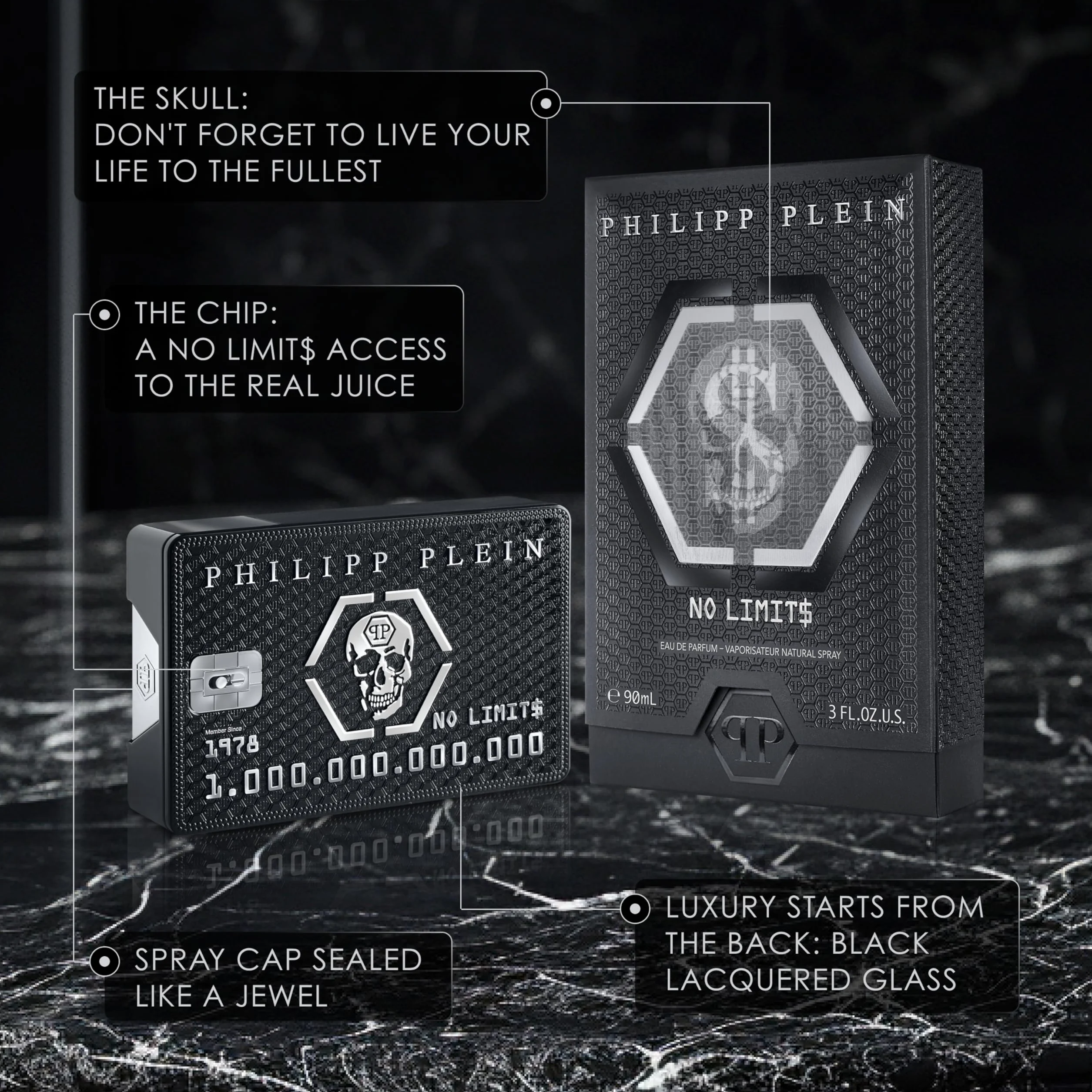 Philipp Plein – Eau de Parfum No Limits 90 ml – Profumo Uomo – Note Orientali e Legnose – Un Tatuaggio Olfattivo Indelebile e Sensuale – Woody Oriental – Flacone in Vetro Laccato Nero
