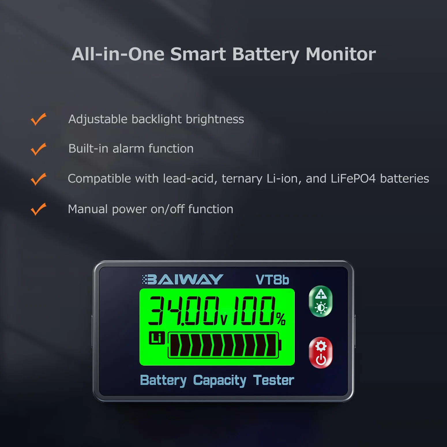 Monitor Batteria 8-120V Voltmetro Digitale Indicatore Capacità Percentuale ±1% Display LCD Retroilluminato Allarme 110dB Tester Litio LiFePO4 Piombo Camper Auto Moto Barca