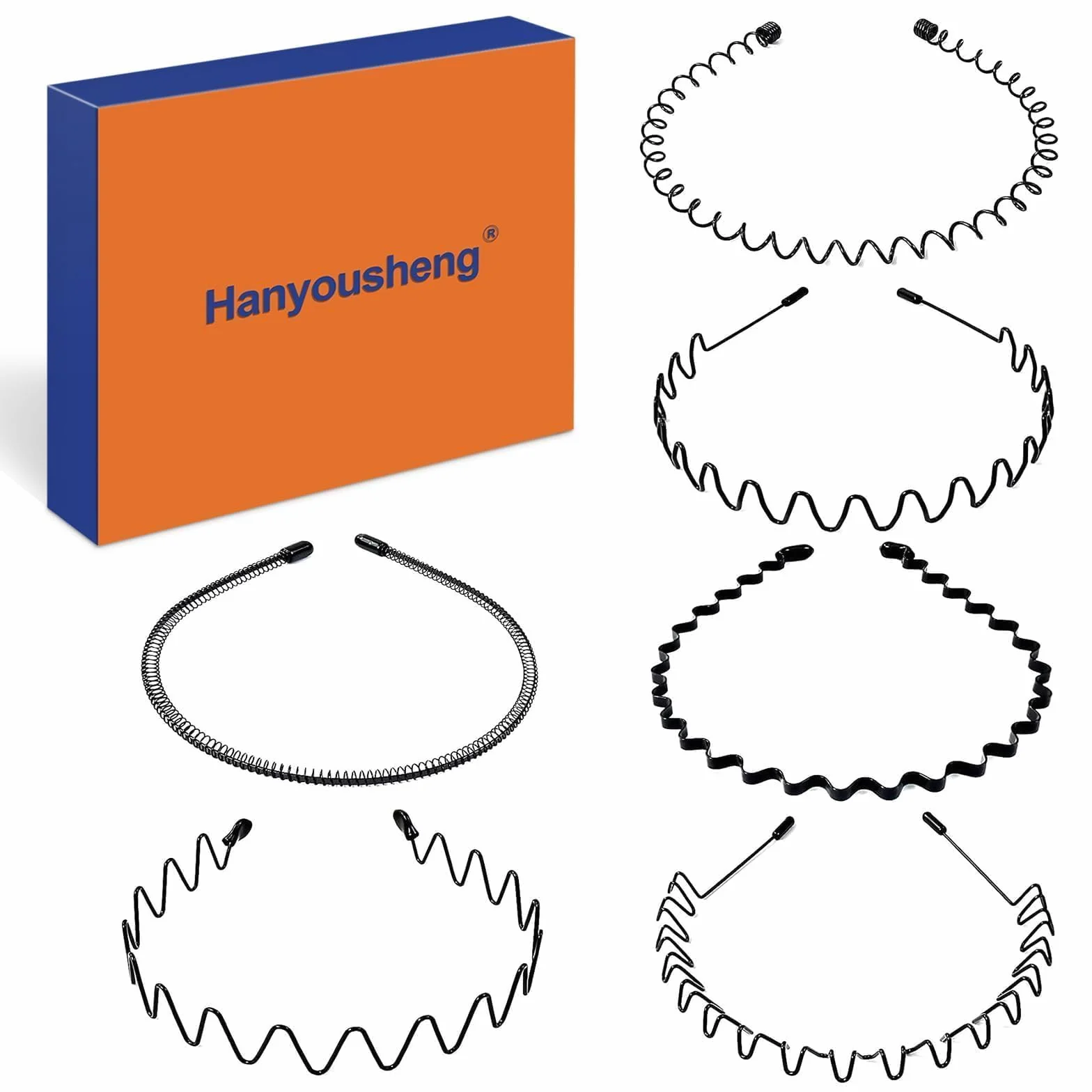 Hanyousheng 6 Pezzi Cerchietti per Capelli, Unisex Cerchietto in Metallo, Cerchietto Fasce per Capelli Fascia Ondulata Nero, Multiplo Stile Antiscivolo Cerchietto, Adatto per Sport, Yoga, Trucco