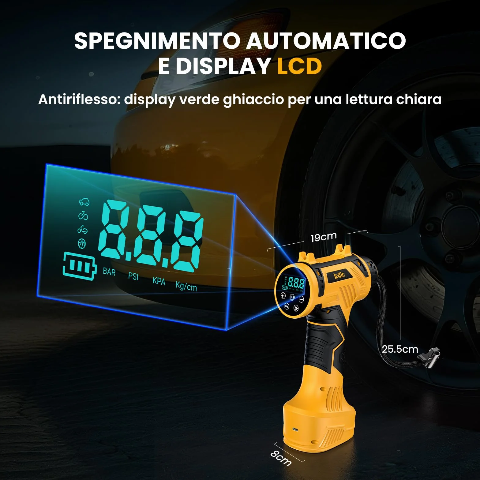 Compressore Aria Portatile Senza Fili 150PSI 22L/Min Gonfiatore Pneumatici Auto Batteria Ricaricabile Spegnimento Automatico Display LED 4 Modalità