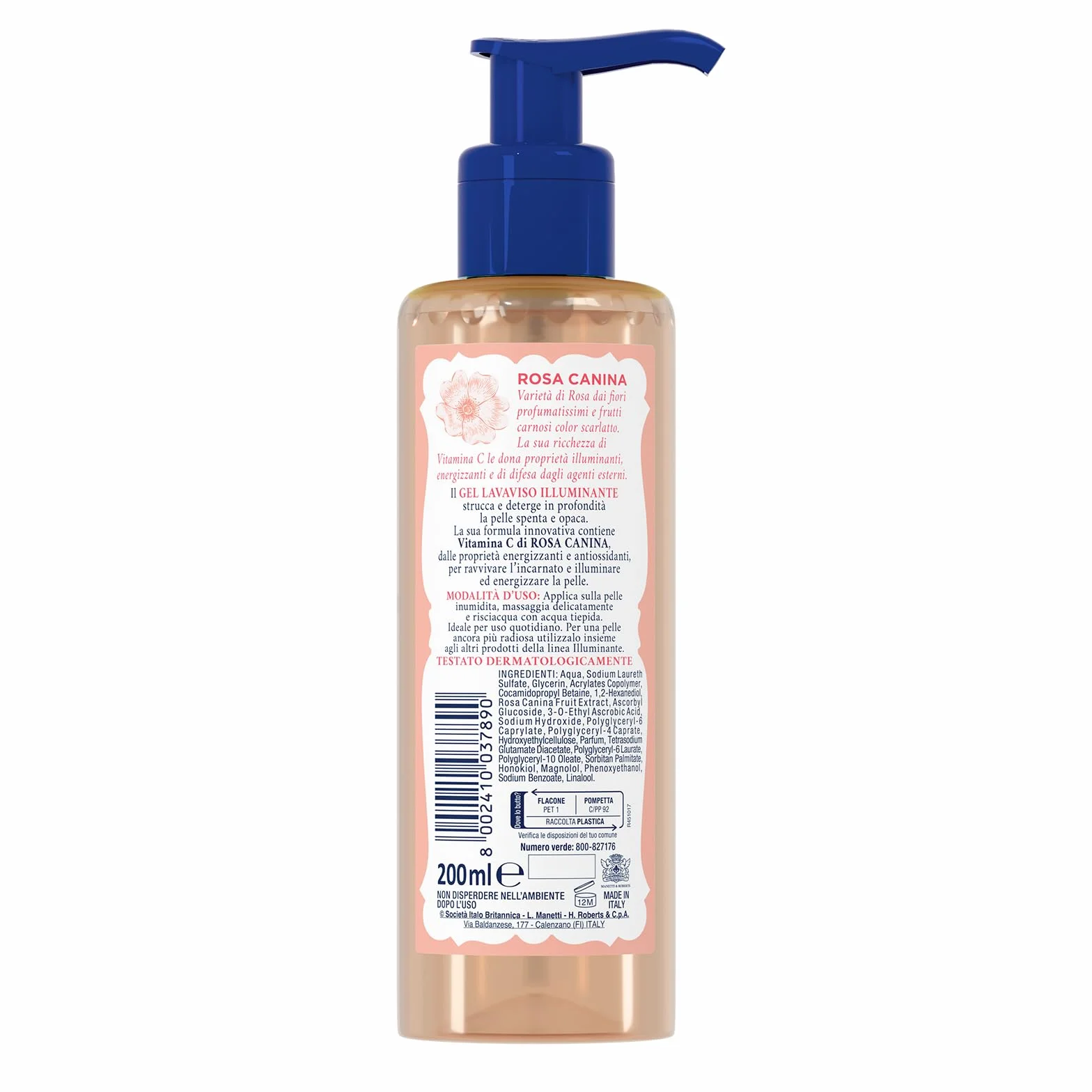 Acqua alle Rose, Gel Lavaviso Illuminante con Vitamina C, Detergente Viso Illuminante per Pelli Spente e Opache, Uso Quotidiano, 200 ml