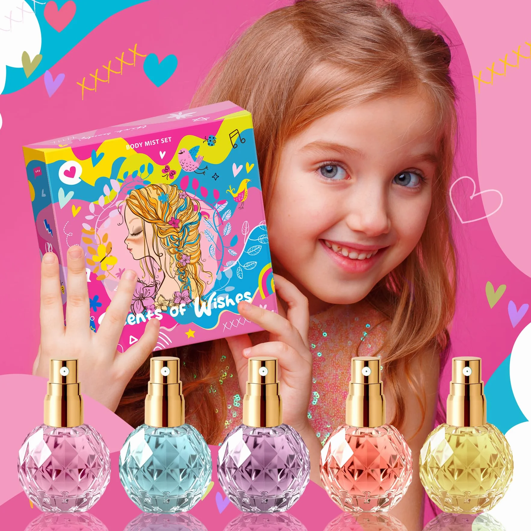 Set di Body Mist Ragazze Scents of Wishes 5 Flaconi Vetro Forma Diamante Profumi Esclusivi Bacche Frutti Agrumi Tropicale Floreale