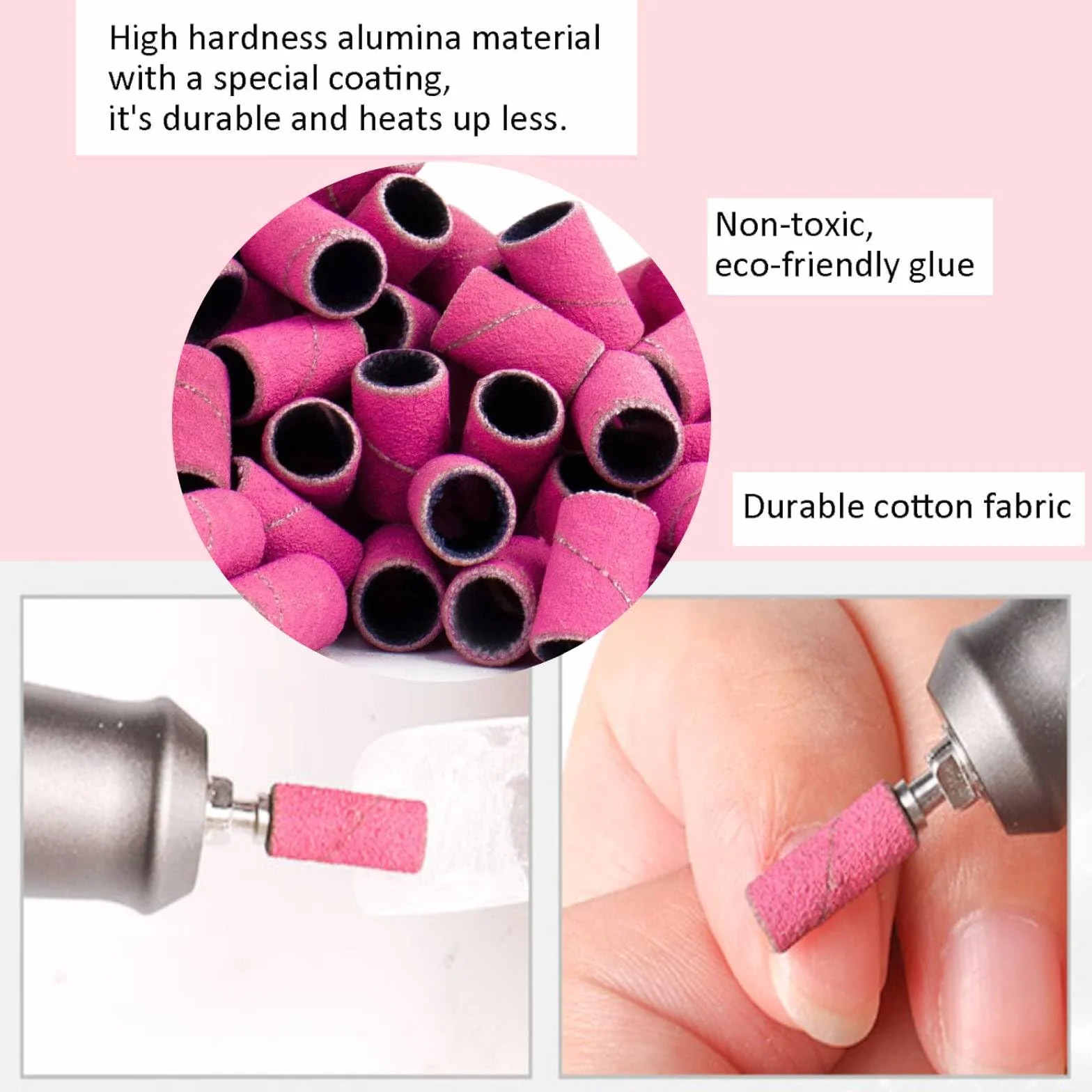 Cilindri Abrasivi Fresa Unghie 100Pz, Grana 180 Bande per Levigatura Unghie Rosa, Bande Levigatrici per Trapano Unghie con 2 Pz Frese 3/32” e Scatola per Accessori Beauty Manicure e Pedicure