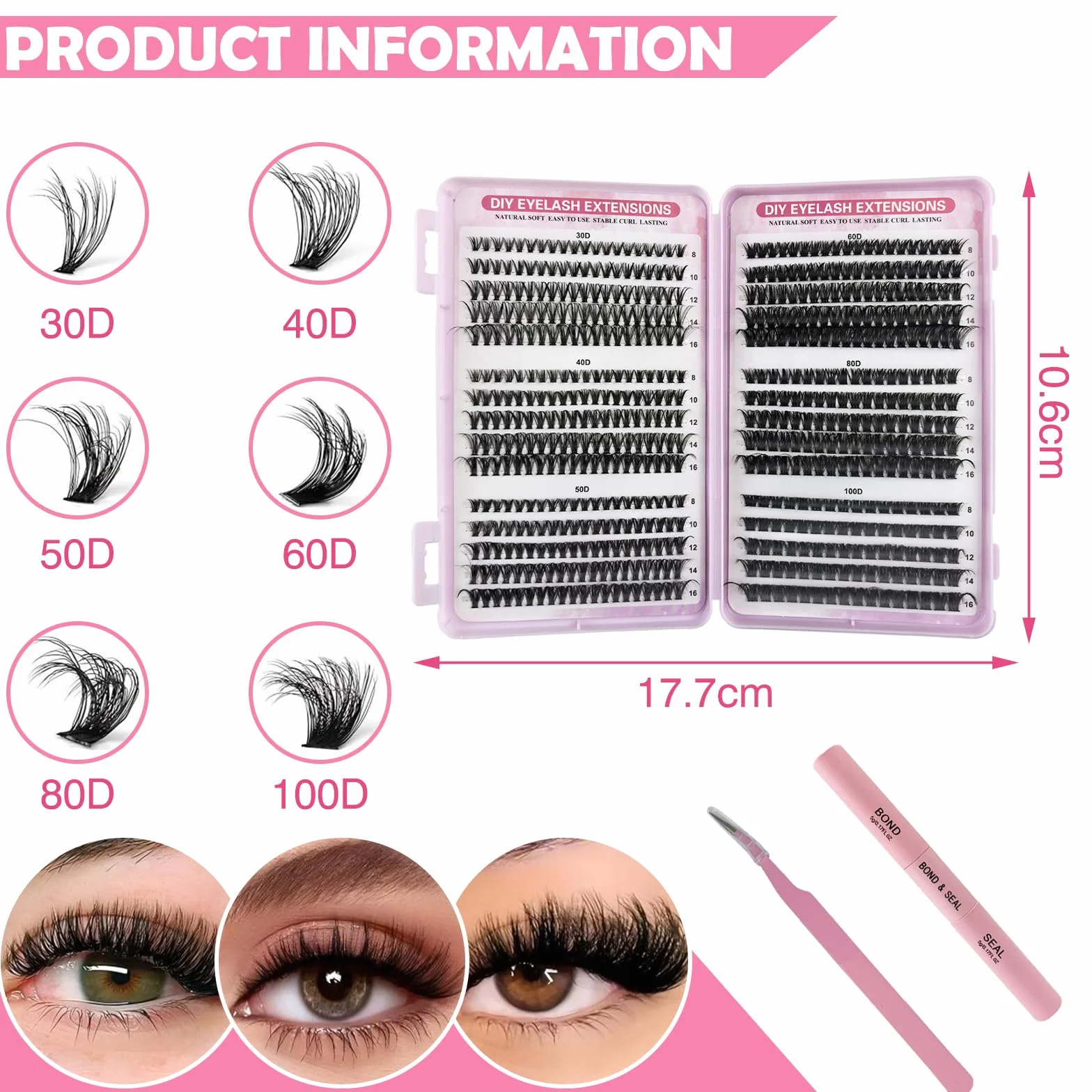 VEGCOO 570 Pezzi Ciglia Finte Ciuffetti Kit Extension Ciglia 30-100D 8-16mm DIY Eyelash Extension con Accessori