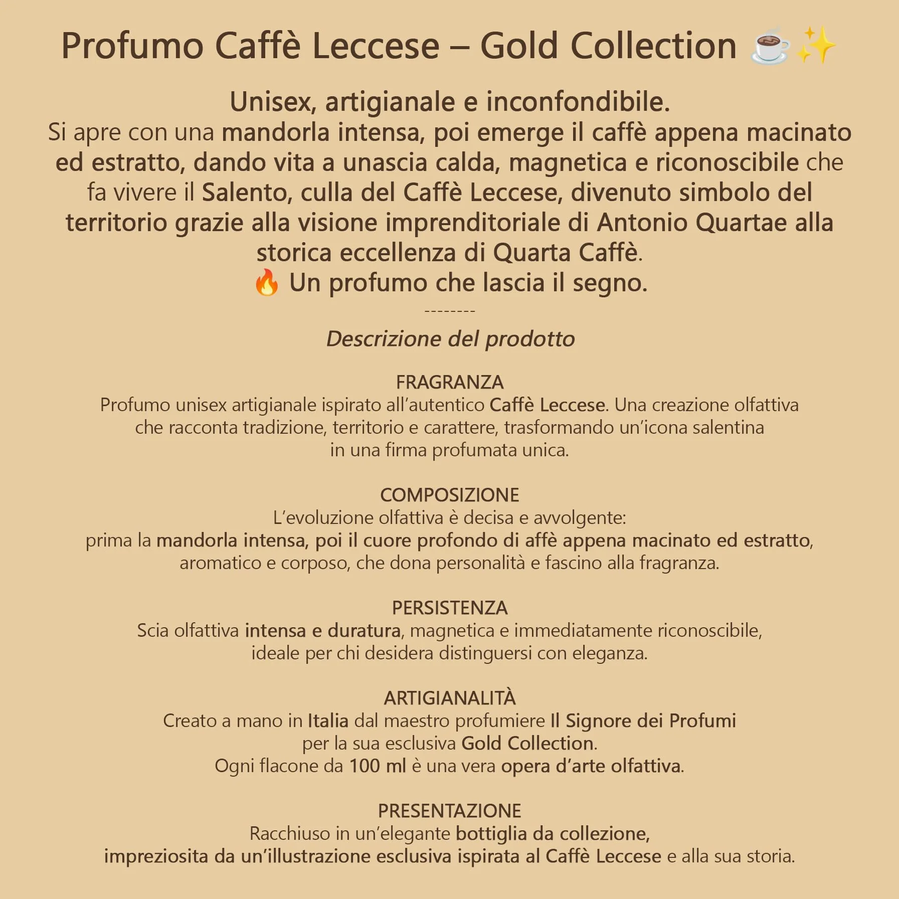 Profumo Caffè Leccese, Fragranza Unisex, Eau de Parfum, 100ML, Aroma Mandorla e Caffe, Made in Italy, Gold Collection, Il Signore dei Profumi, Caffè del Salento e Puglia