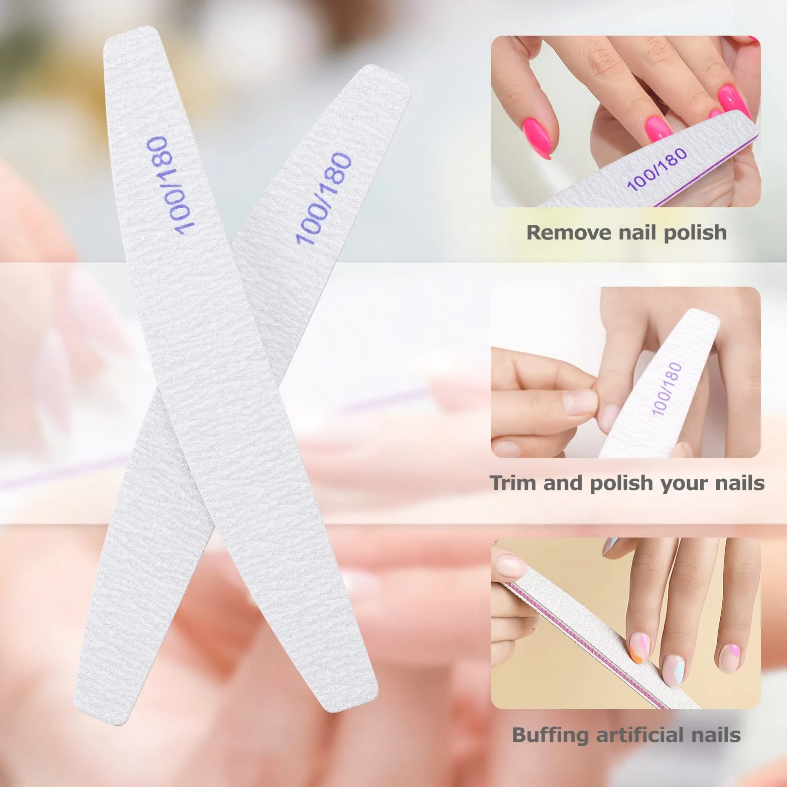 Lima per unghie 20 Pezzi Professionale Doppia Faccia 100/180 Grana Riutilizzabile Gomma Carta Vetro Bianco