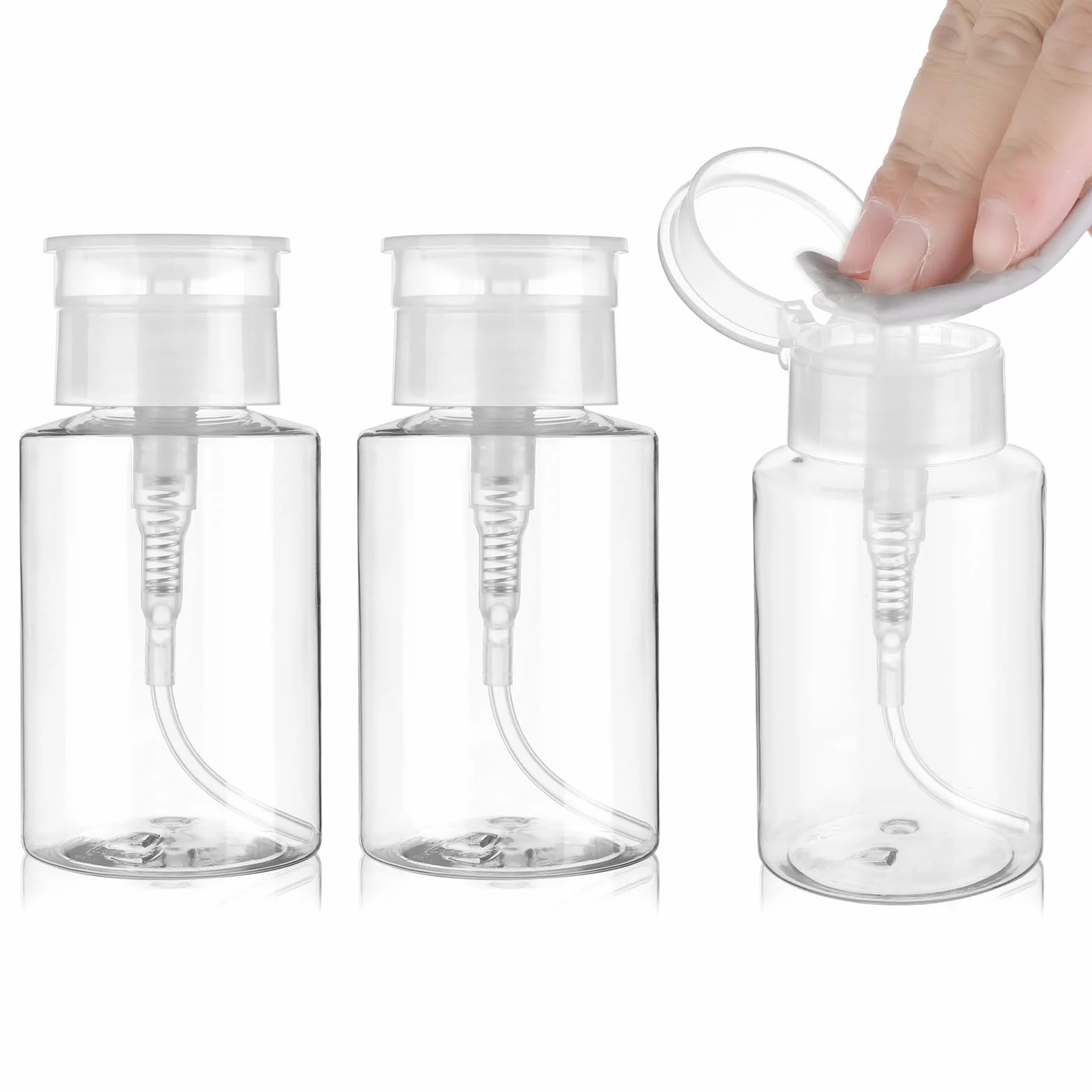 Dimeho 3 flaconi con pompa per rimuovere lo smalto, con chiusura a pressione, vuoti, con serratura, contenitori trasparenti per acetone, per alcool, tonico viso, smalto per unghie, struccante, 180 ml