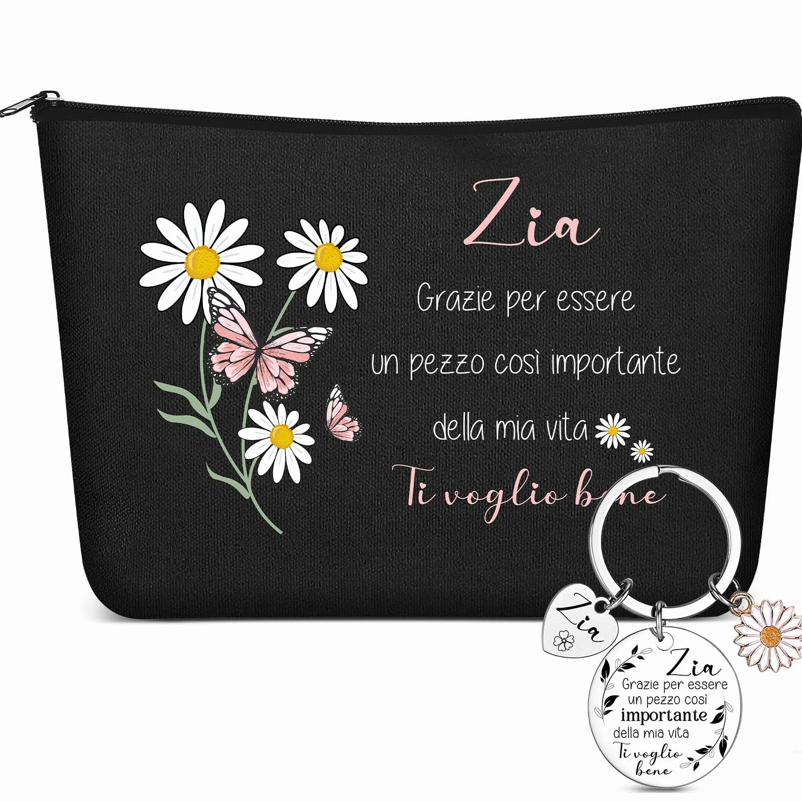 2 Pezzi Regalo per Zia Pochette Portatrucchi Portachiavi Ciondolo per Zia Compleanno Trousse per Cosmetici Borsa da Trucchi Floreale Regalini da Nipote per Donna Festa Natale(Nero)