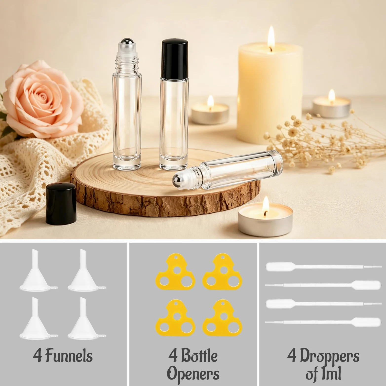 50 bottiglie roll-on da 10 ml in vetro trasparente per oli | Bottiglie in vetro trasparente per oli essenziali e profumi; 50 pezzi con sfere in acciaio, tappi neri, imbuti