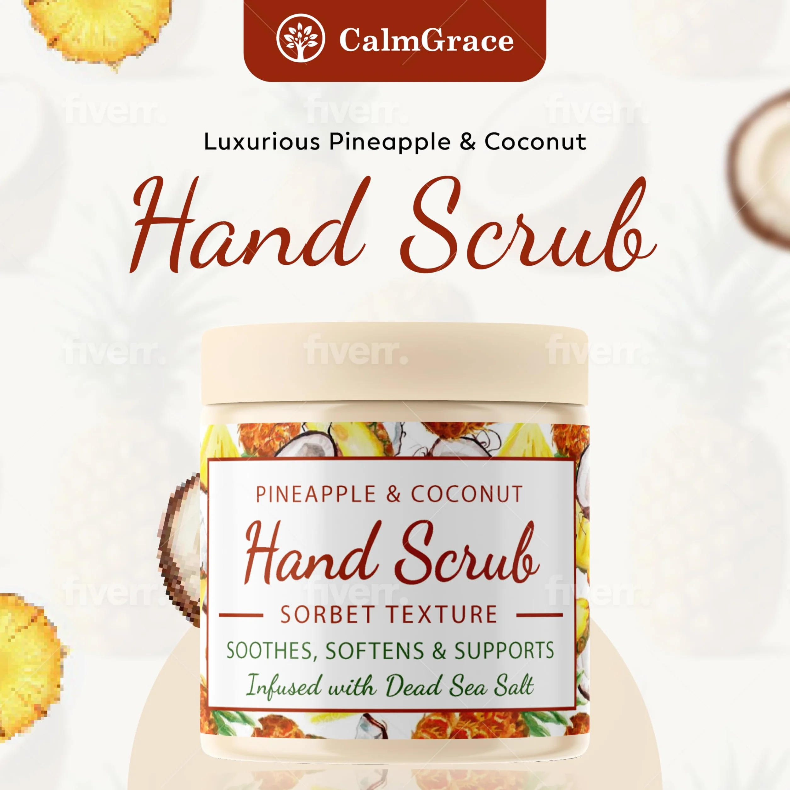 CalmGrace Scrub esfoliante per le mani con sali del Mar Morto e profumo di ananas e cocco, esfoliante per le mani, texture sorbetto, 300 g, arricchito con olio di avocado e vitamina E, C