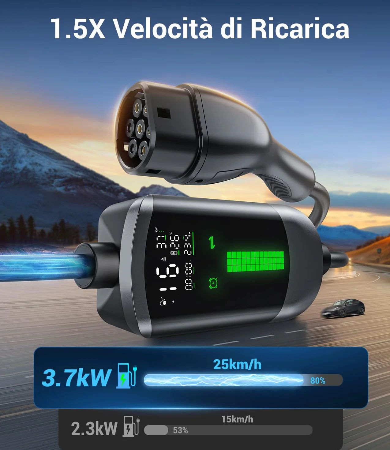Colonnina Ricarica Auto Elettrica Wallbox 3,7kW 7M 6-16A Portatile LCD IP65 IEC 62196-2