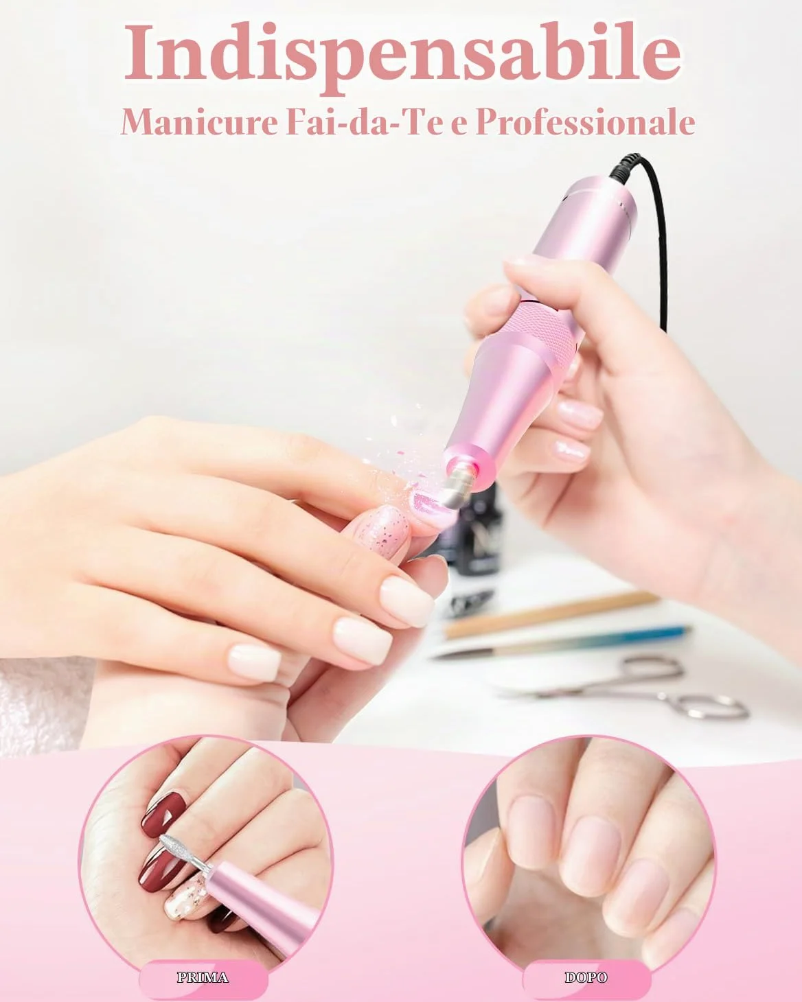Fresa per Unghie Professionale 35000 Giri/min, Lima Elettrica Ricaricabile per Unghie Gel e Acrilico, Kit Manicure Pedicure Portatile Senza Fili con 7 Punte e 56 Nastri Abrasivi, Blu Rosa
