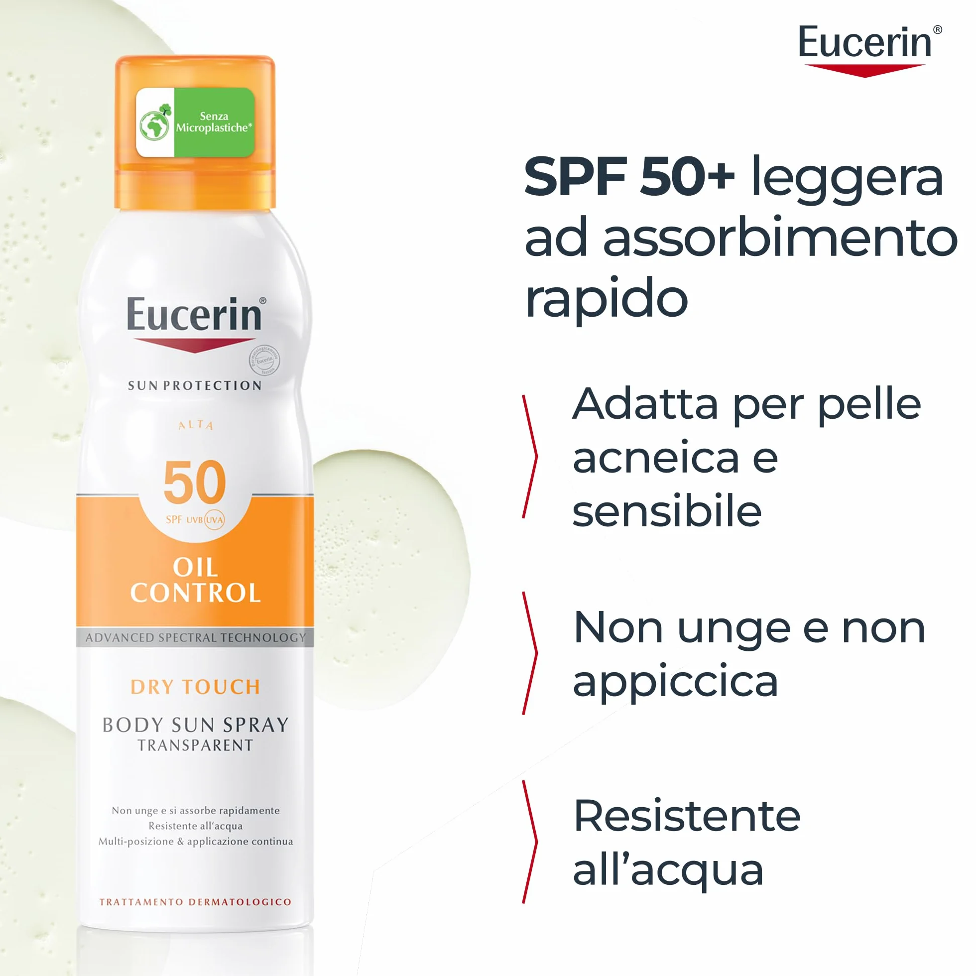 Eucerin Oil Control Body Sun Transparent Dry Touch SPF 50 200 ml Crema Solare Spray UVA/UVB Protezione Solare Pelle Sensibile Acneica
