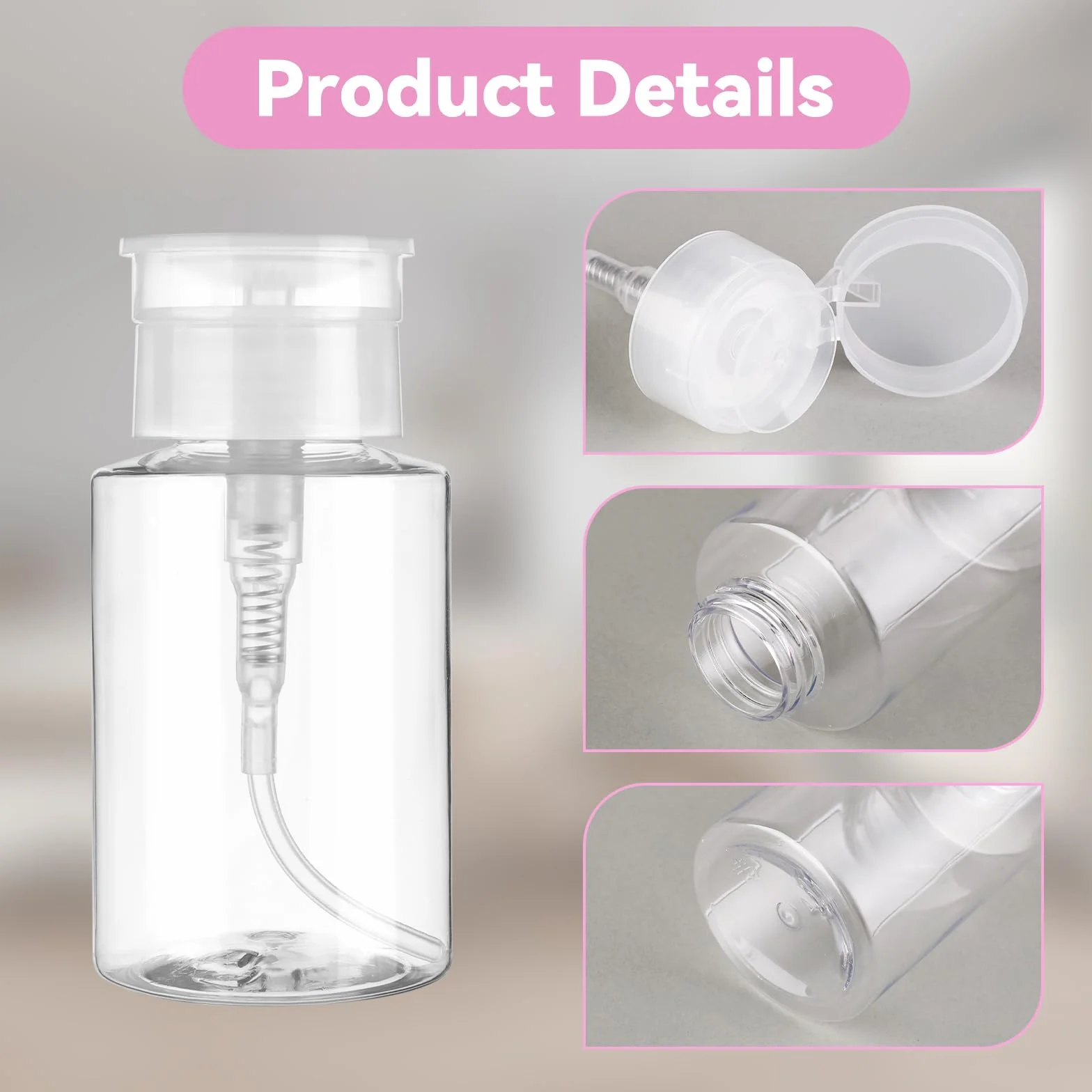 Dimeho 3 flaconi con pompa per rimuovere lo smalto, con chiusura a pressione, vuoti, con serratura, contenitori trasparenti per acetone, per alcool, tonico viso, smalto per unghie, struccante, 180 ml