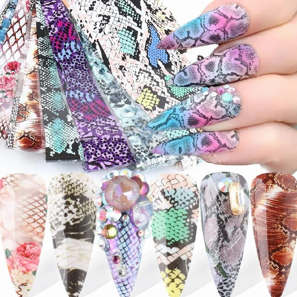 10pcs Zebra Pattern Nail Foil Snake Leopard Print Sticker Transfer Pelle Animale 20x4cm Wild Sexy Slider Accessori per Unghie (Leopardo Trasparente) (Sw3115)