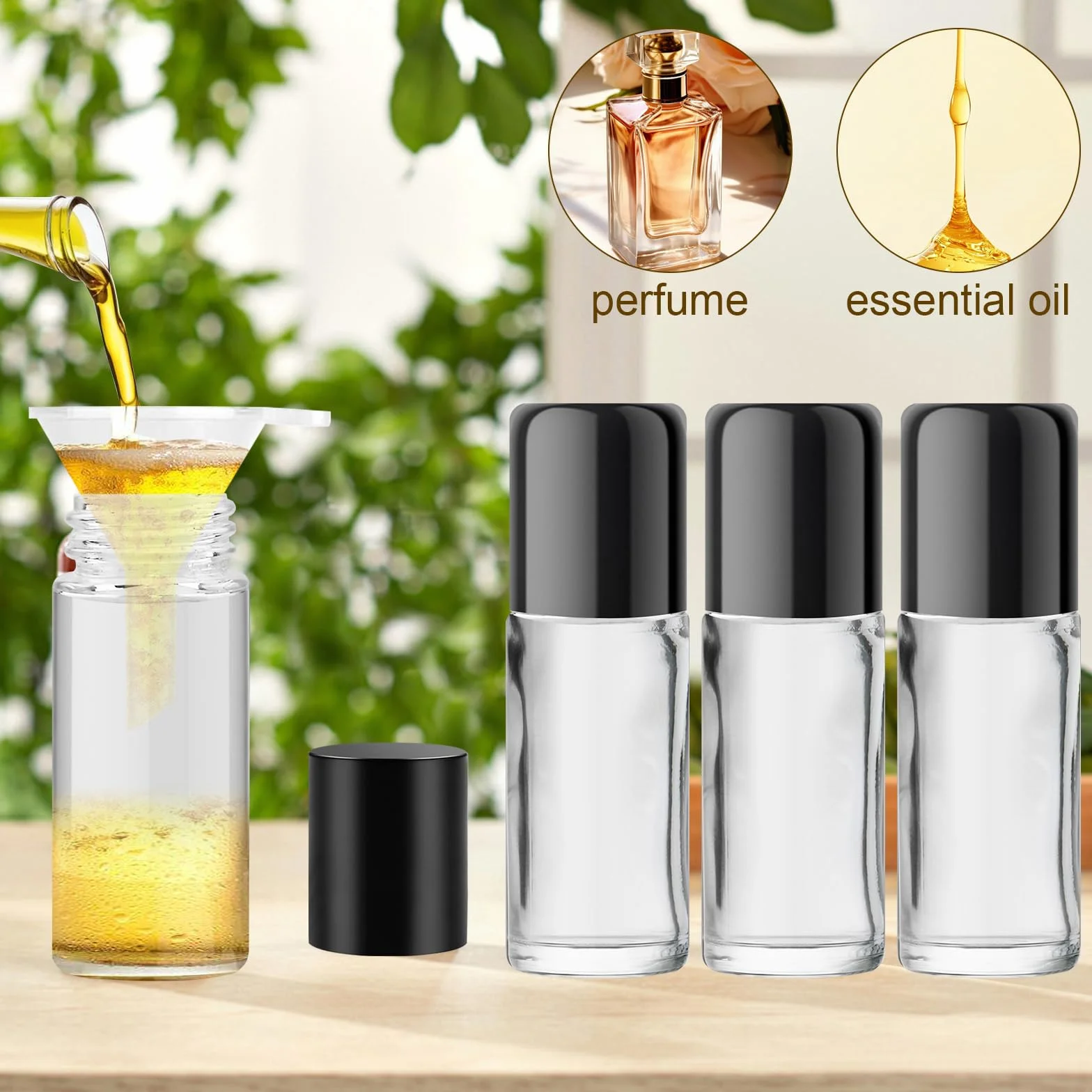 4 Pezzi 30ML Roll on Vuoto per Oli Essenziali, Vuoto Roll On Bottiglie con Sfera, Ricaricabili Flacone per Olio Essenziale con Contagocce, Imbuto, Adesivo per Aromaterapia, Profumi