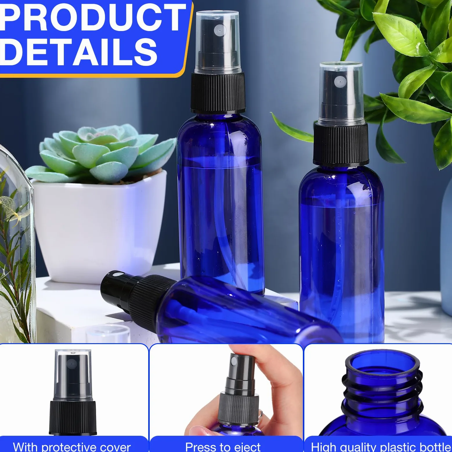 Zhehao 200 flaconi spray in plastica da 56,7 g, vuoti, per capelli, da viaggio, ricaricabili, con tappi a pompa a coste, per oli essenziali, profumi, cura della pelle, pulizia (blu)