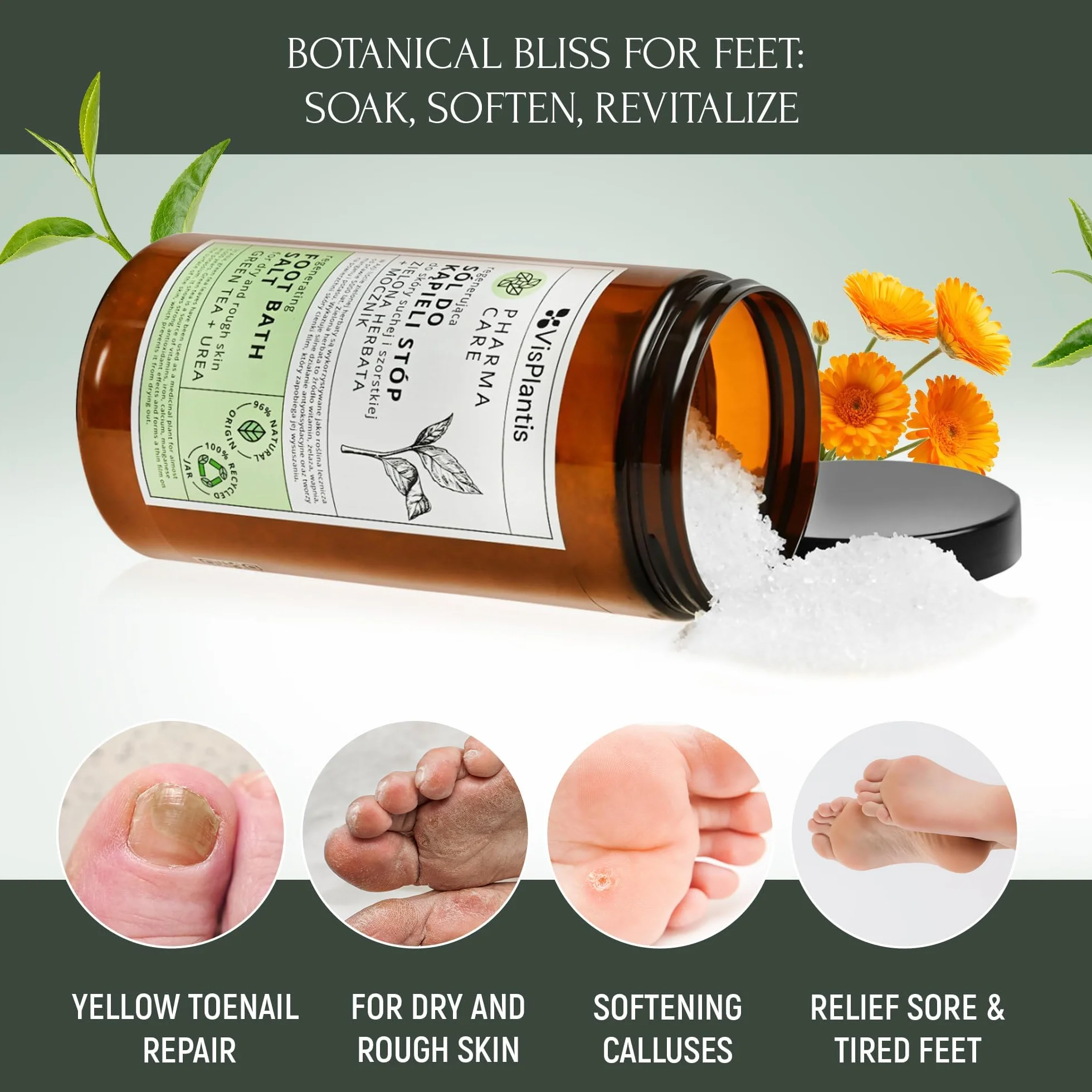 Vis Plantis Sale per Pediluvio con Tè Verde, Urea e Calendula 560 g – Sali da Bagno per Piedi con Pelle Dura e Calli, Pediluvio Rigenerante per Piedi Stanchi e Gambe Pesanti, Idratante e Deodorante