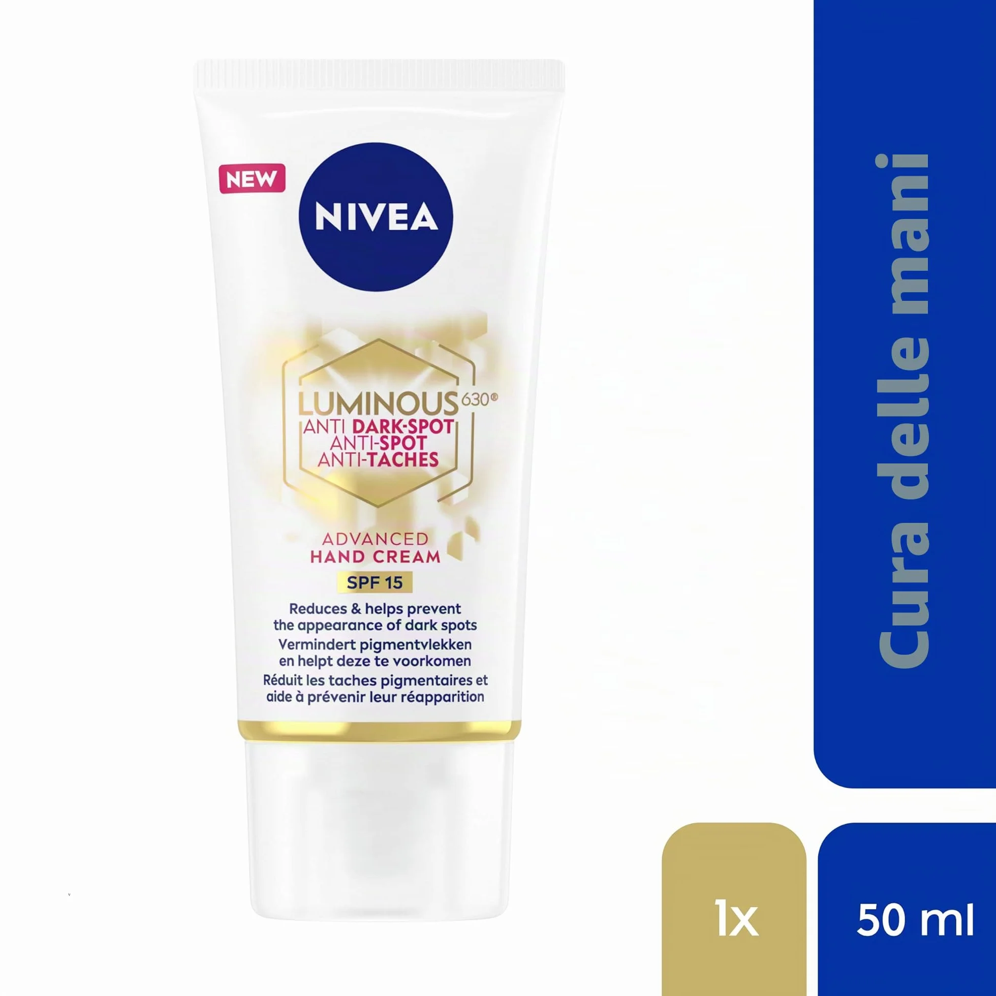 NIVEA LUMINOUS 630 Crema mani avanzata anti macchie scure (50 ml), crema per la pelle arricchita con acido ialuronico, crema mani nutriente per pelli luminose