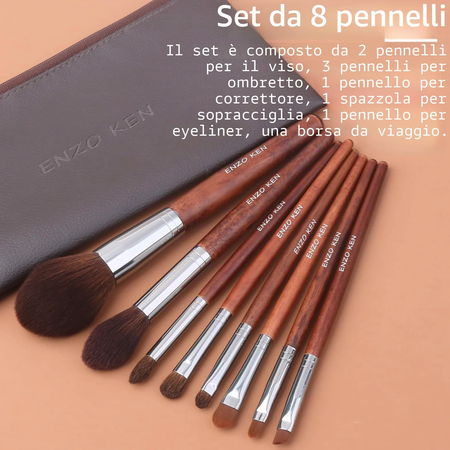 ENZO KEN - Set di pennelli professionali per trucco, con crini di cavallo naturali, con custodia, lussuosi, in legno, pennelli da trucco con setole naturali