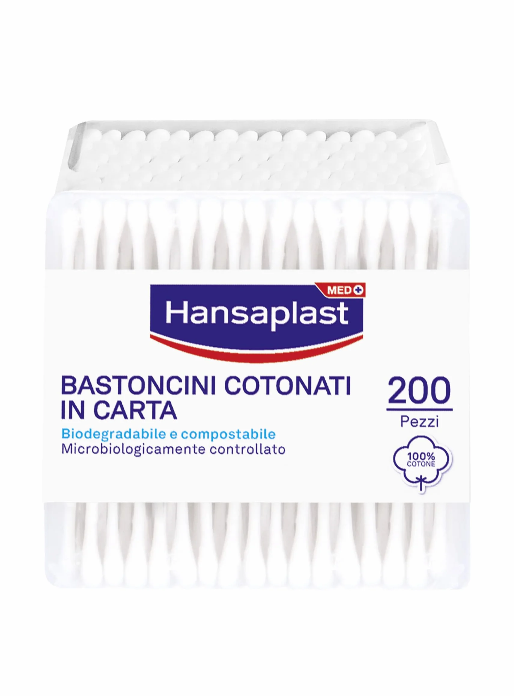 Hansaplast Bastoncini Cotonati in Carta Biodegradabile, 1 confezione x 200 pezzi, 100% Puro Cotone Idrofilo, Adatti per Pelli Sensibili, Made in Italy