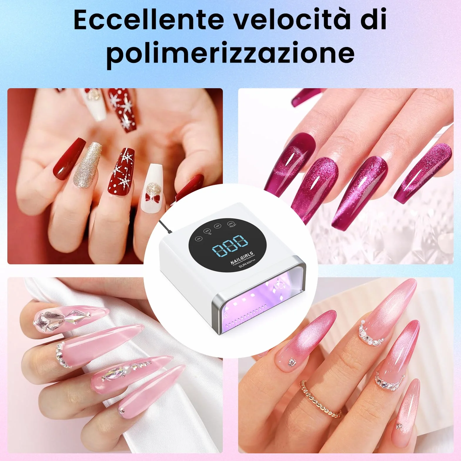 NAILGIRLS Lampada LED UV Professionale per Unghie 150W Ricaricabile Senza Fili 4 Modalità Timer Sensore Automatico
