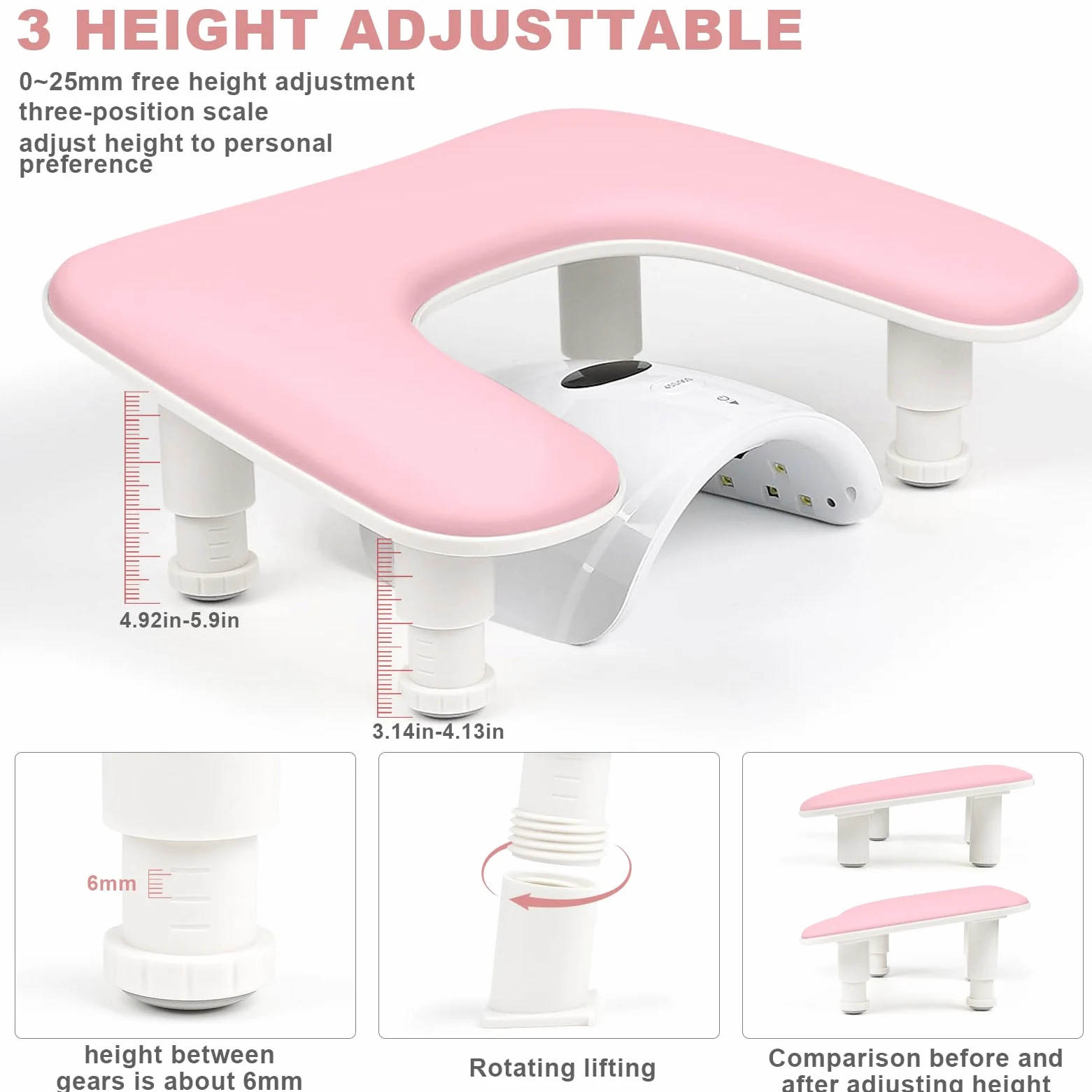 Bracciolo per Nail Tech, regolabile in altezza a forma di U per manicure, grande poggia mano in pelle PU in microfibra per nail tech, bracciolo professionale per salone di bellezza (bianco) (rosa)