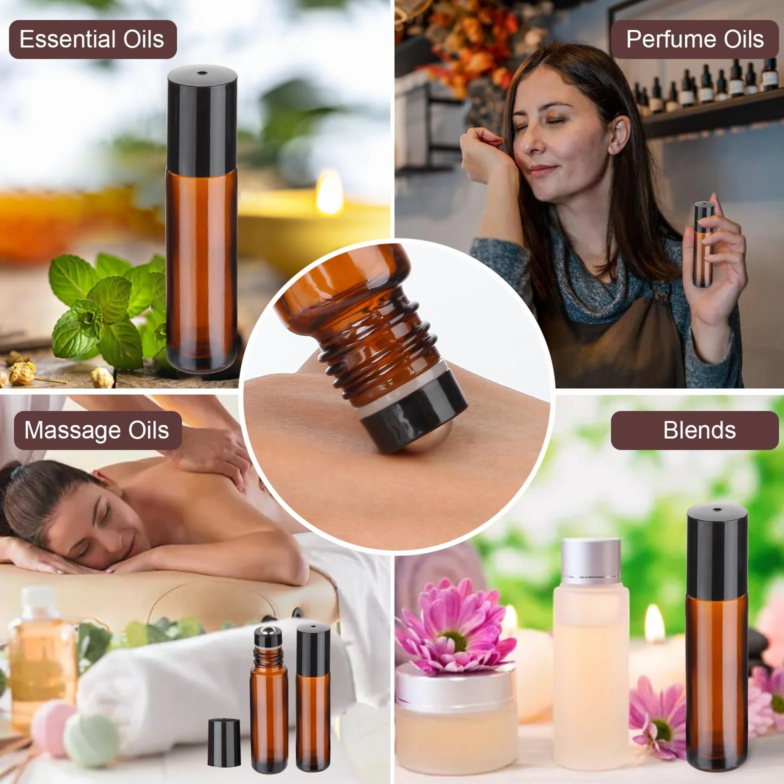 Hyber&Cara 4Pcs 10ml Roll On Vuoto per Oli Essenziali Ambra Bottiglie Vuote in Vetro, Bottiglie Flaconcini Vuoti Per Oli Essenziali, Profumi, Liquidi(incluso 1 apribottiglie, adesivo e 1 imbuto)
