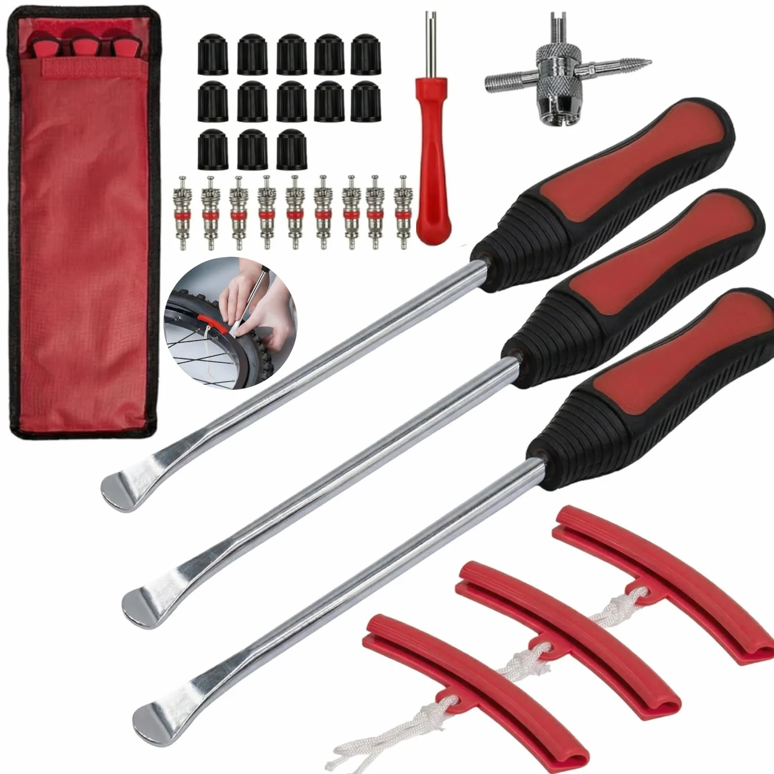 Set Combinato da 30 Pezzi di Leve Smontagomme Strumenti per il Montaggio di Pneumatici per Moto, Biciclette e Scooter Leve Smontagomme (a Cucchiaio) con Leve Portatili e 9 Protezioni per Cerchi