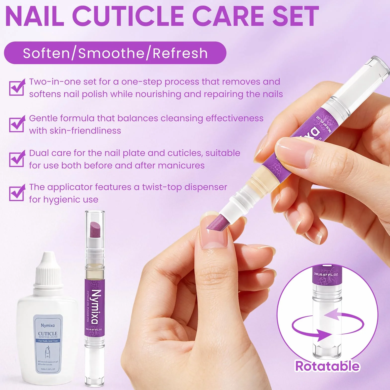 Set per la cura delle unghie 2 pezzi, penna per la cura delle unghie, rimuovi cuticole, penna per olio per cuticole 3 in 1, per riparare unghie screpolate e secche