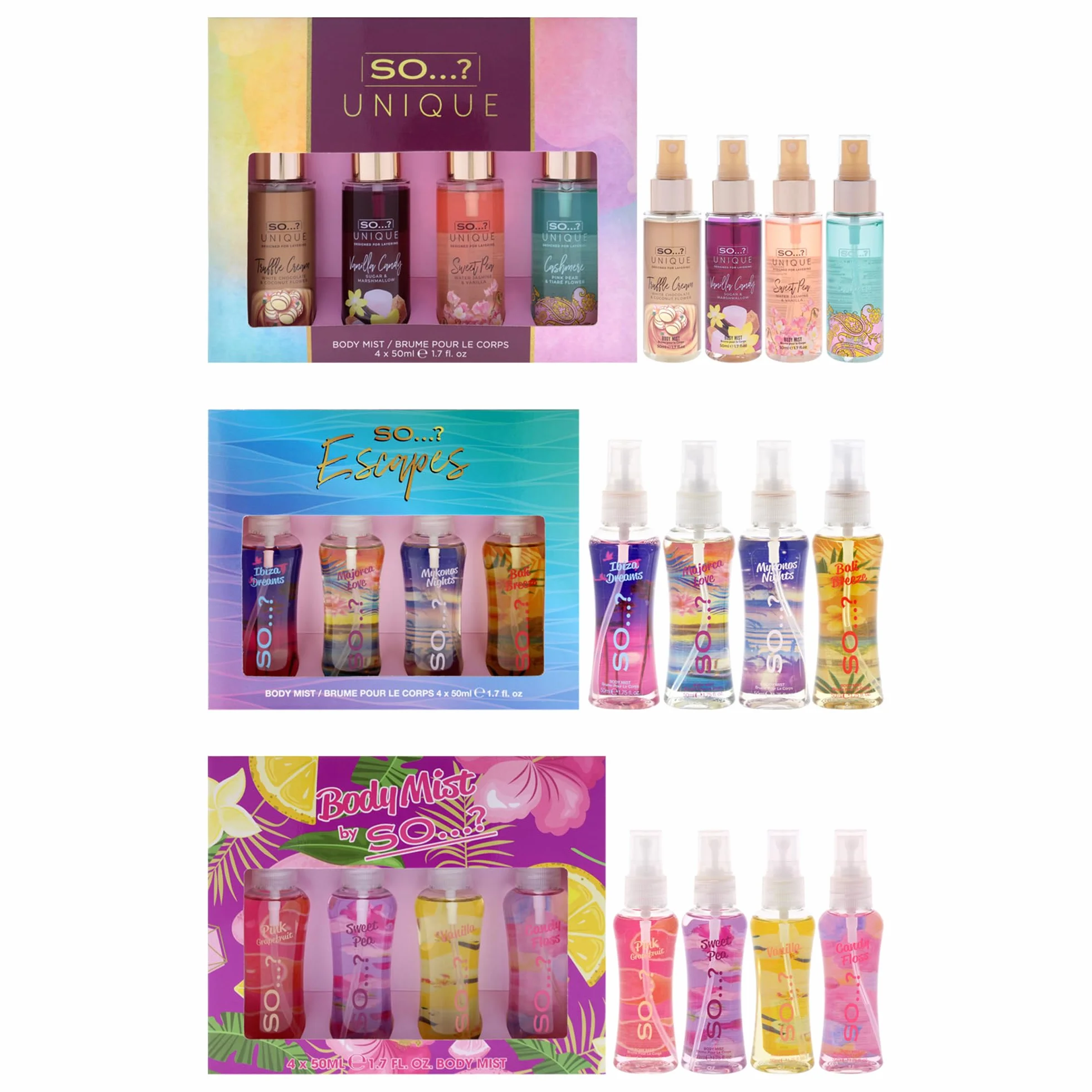 So…? Summer Escapes, Body Mist by So…? & Unique Womens Gift Sets Bundle, Body Mist Fragrance Spray (4x50ml) Pack of 3