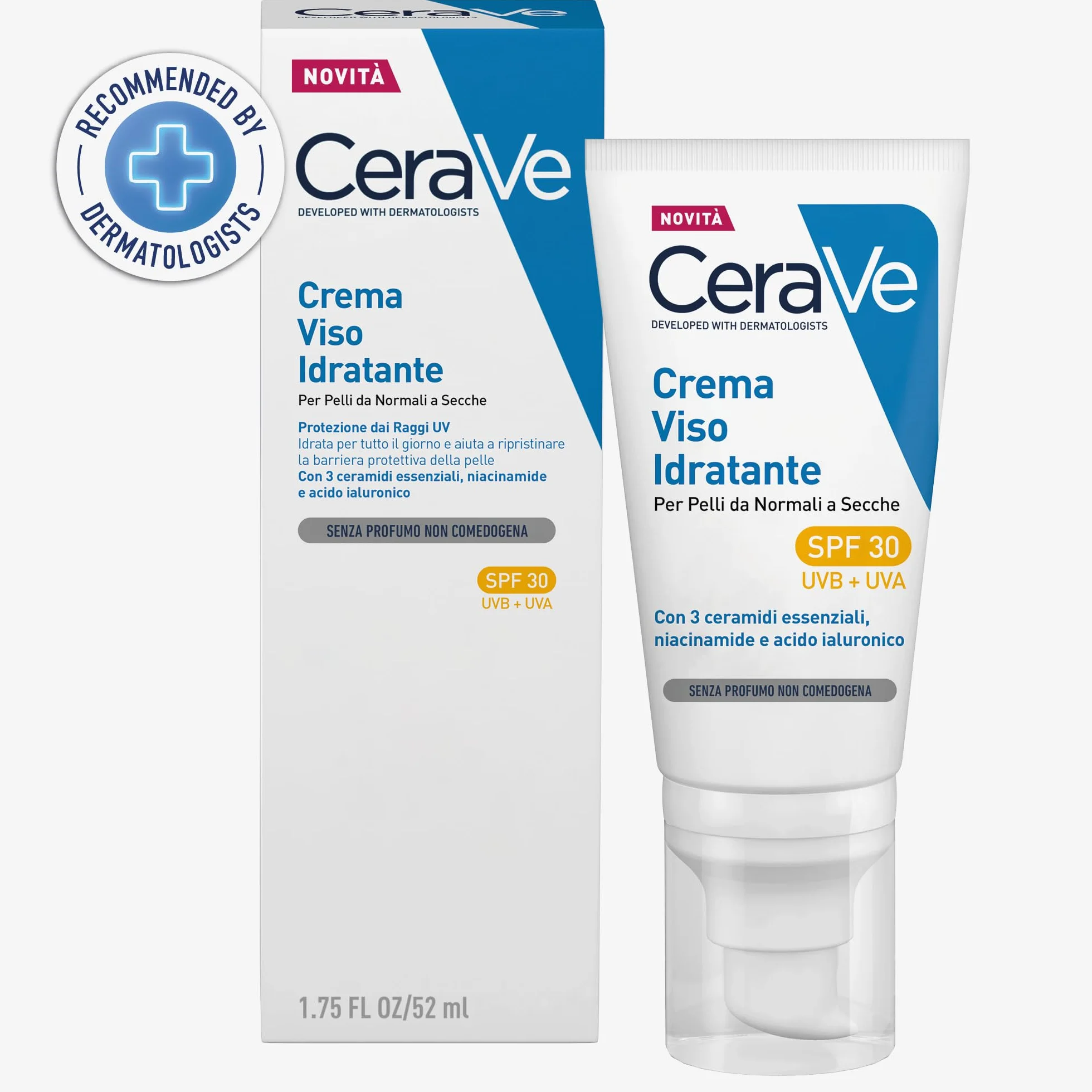 CeraVe Crema Idratante Viso SPF 30, Per Pelli da Normali a Secche, Idratazione Profonda, Ad Assorbimento Rapido, Con Protezione Solare SPF 30 e Acido Ialuronico, 52 ml