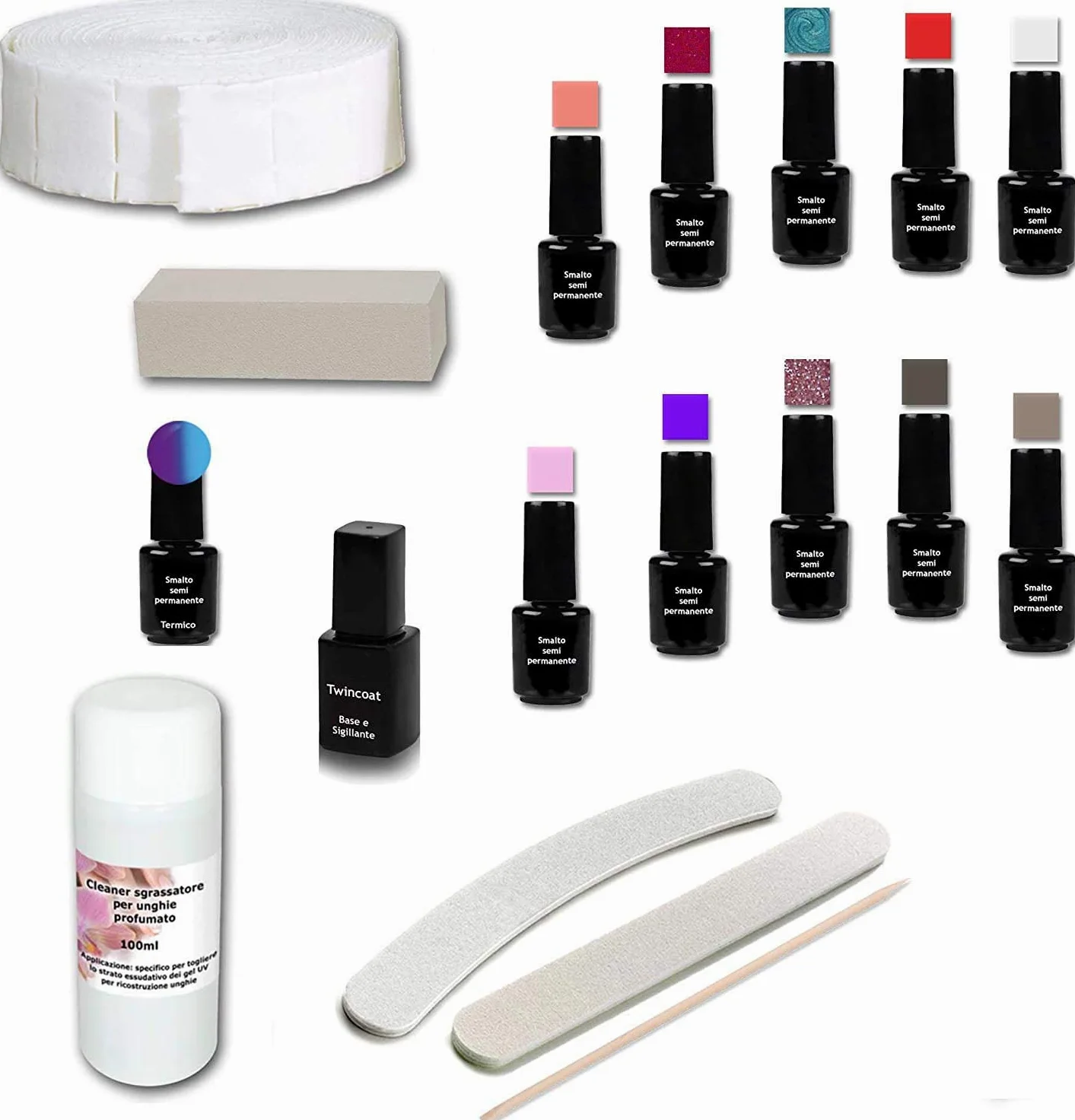 Kit per smalto semipermanente 11 colori 5ml + base/sigillante ed accessori