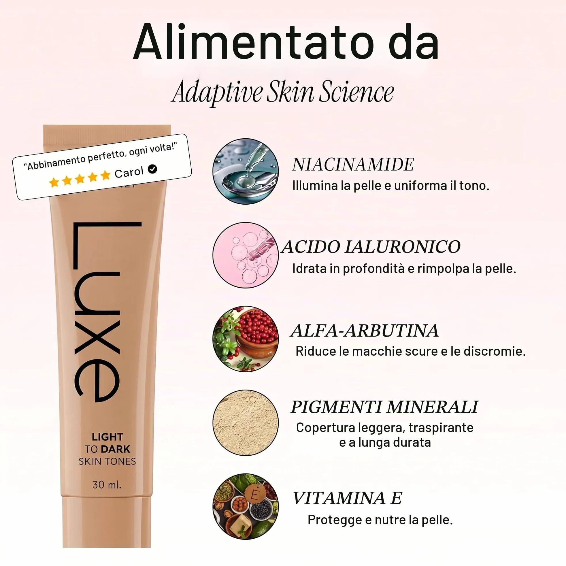Luxe Research, fondotinta da donna che cambia colore, si adatta istantaneamente al tono della pelle, copertura da leggera a media, durata 12 ore, finitura rugiada naturale (media)