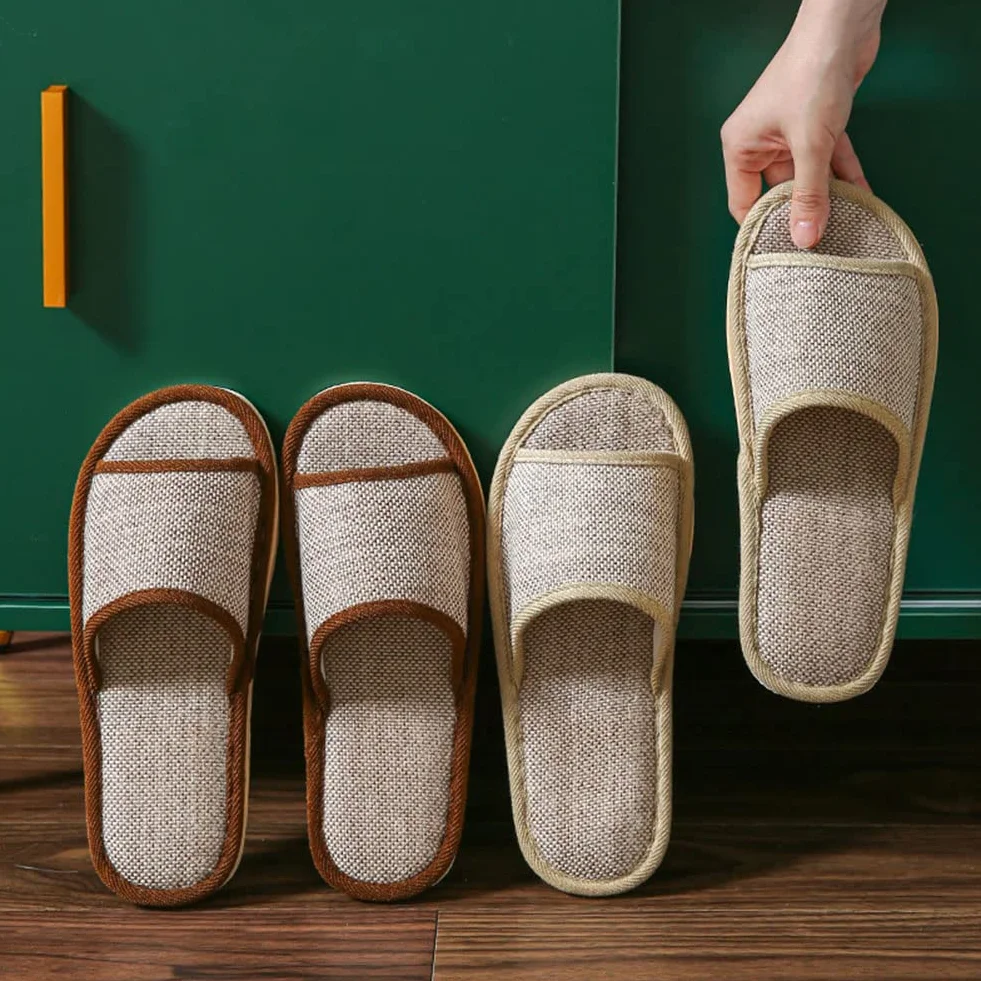 Set di 6 paia di pantofole in lino, per ospiti, con punta aperta, pantofole da bagno, antiscivolo, lavabili