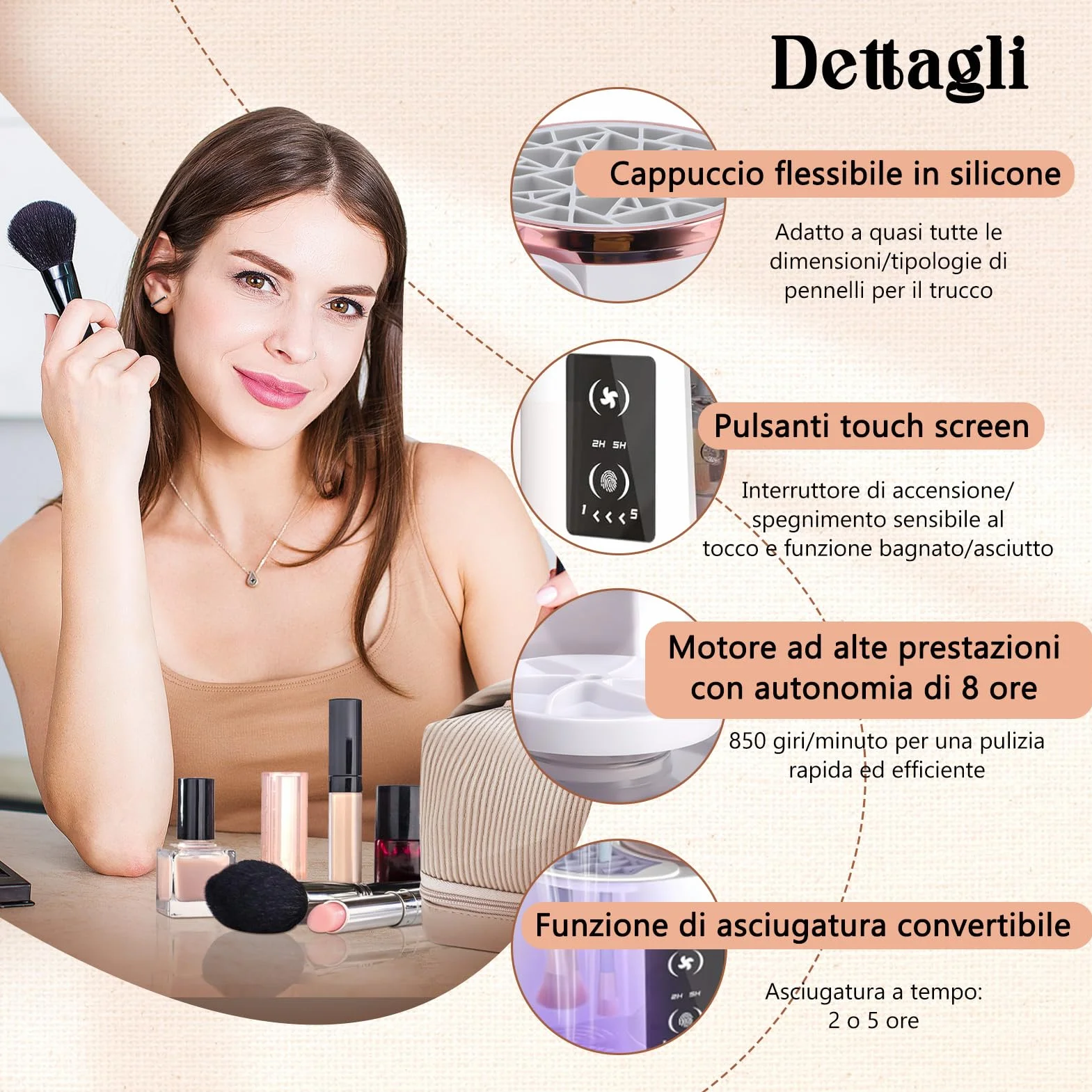 Pulitore Elettrico Automatico 3in1 Pennelli Make-up con Asciugatrice – Macchina Plugin, Includi Stazione Asciugatura & Cura Igienica
