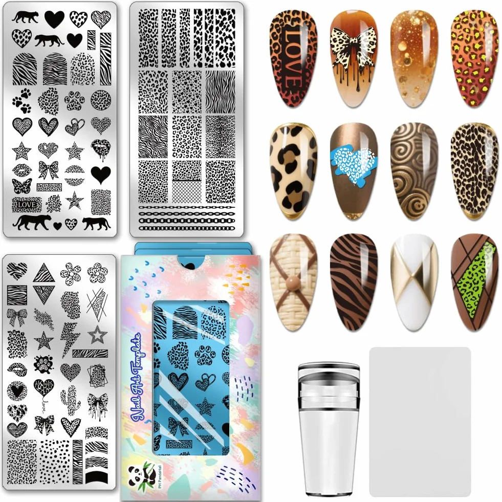 PH PandaHall 3 piastre per stampaggio unghie leopardate con stampa animalier per unghie modelli artistici linee geometriche timbro per unghie cuore stella unghie stencil arte per manicure accessori di