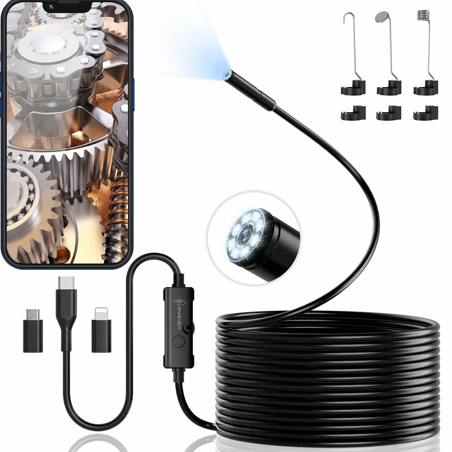 Endoscopio per Smartphone 1920P HD Telecamera Endoscopica IP67 Sonda Impermeabile 8 LED Cavo Semirigido 5m Android iOS